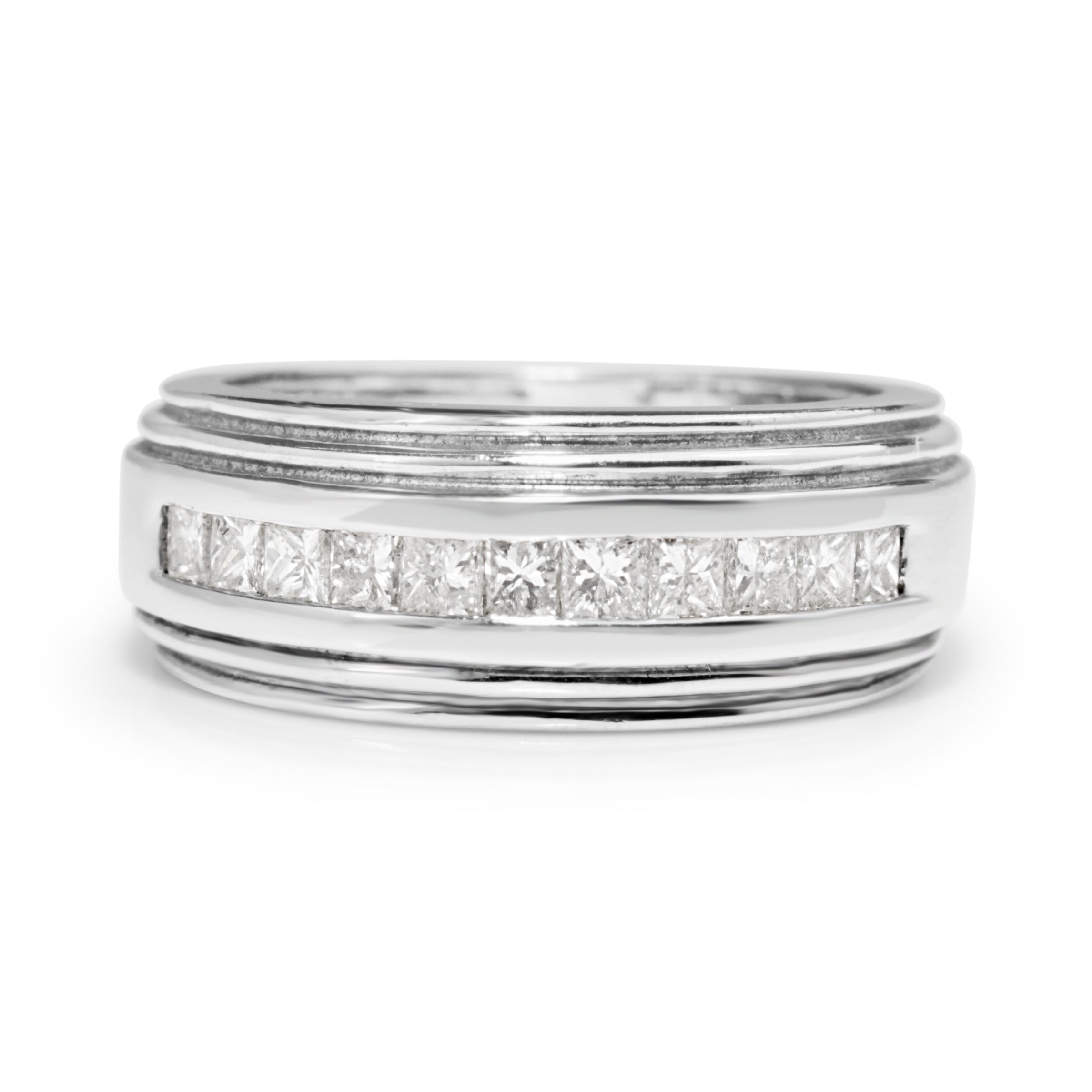 Front view of 18ct white gold vintage 0.60ct princess cut diamond band