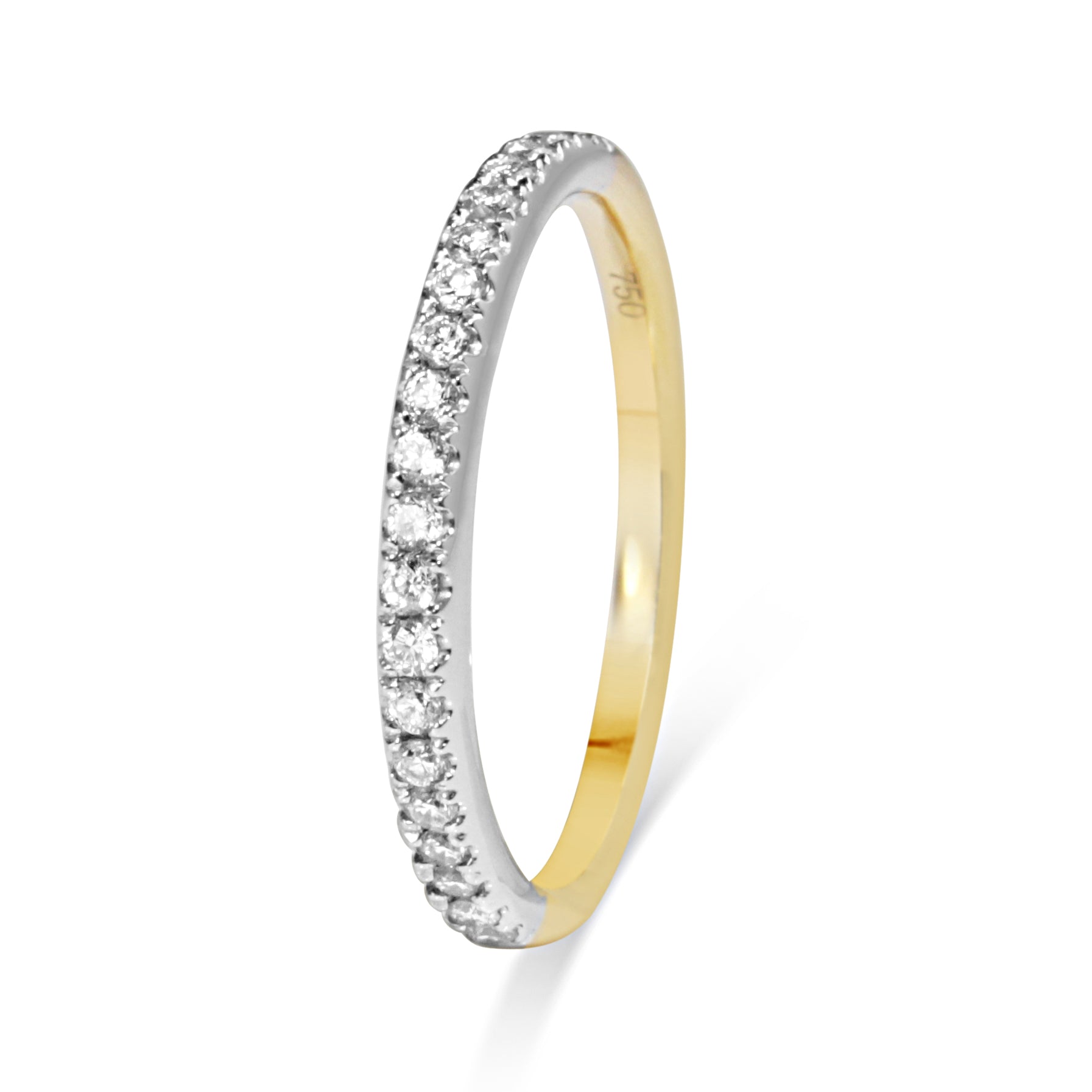 Angled view of 18ct yellow and white gold 0.20ct diamond band with 1.9mm profile