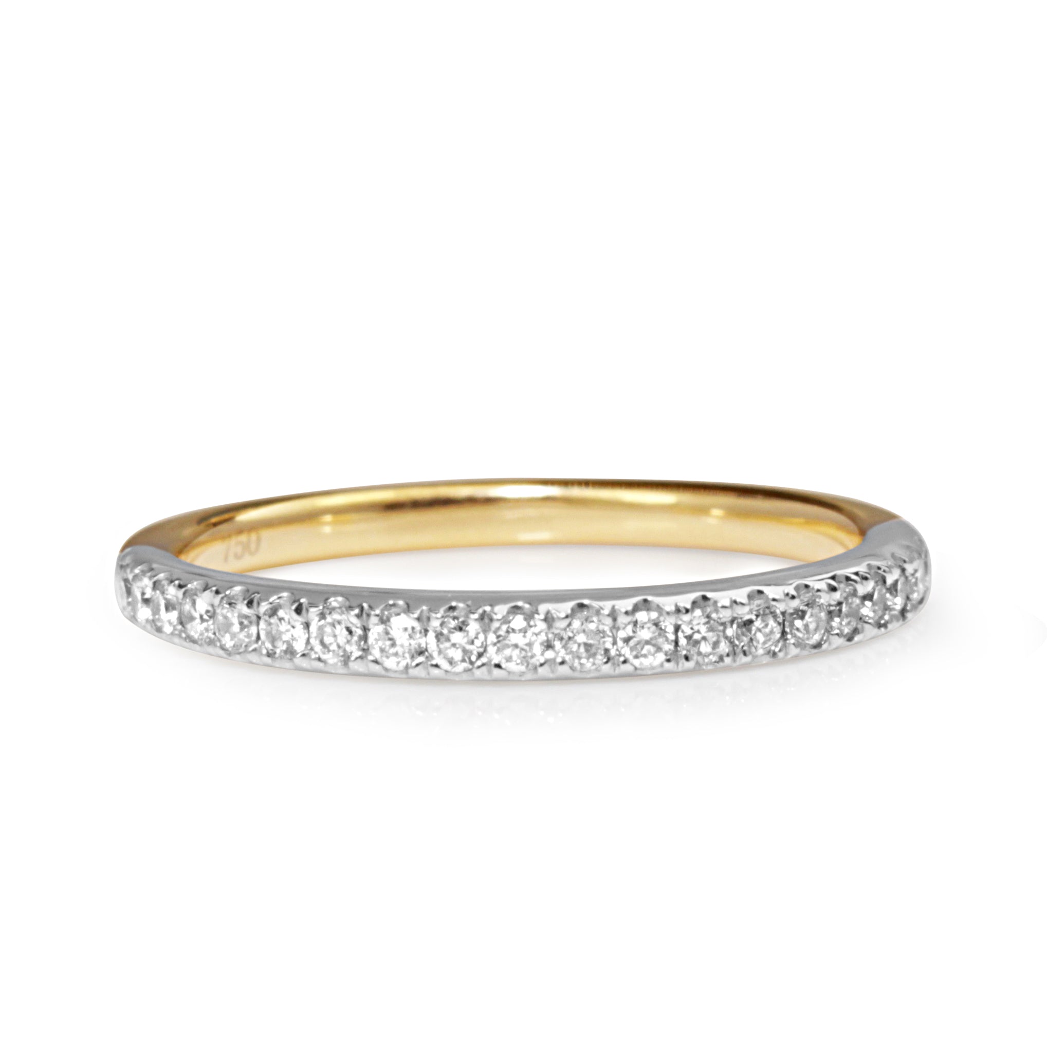 Front view of 18ct yellow and white gold 0.20ct diamond band showing the diamond-set white gold section