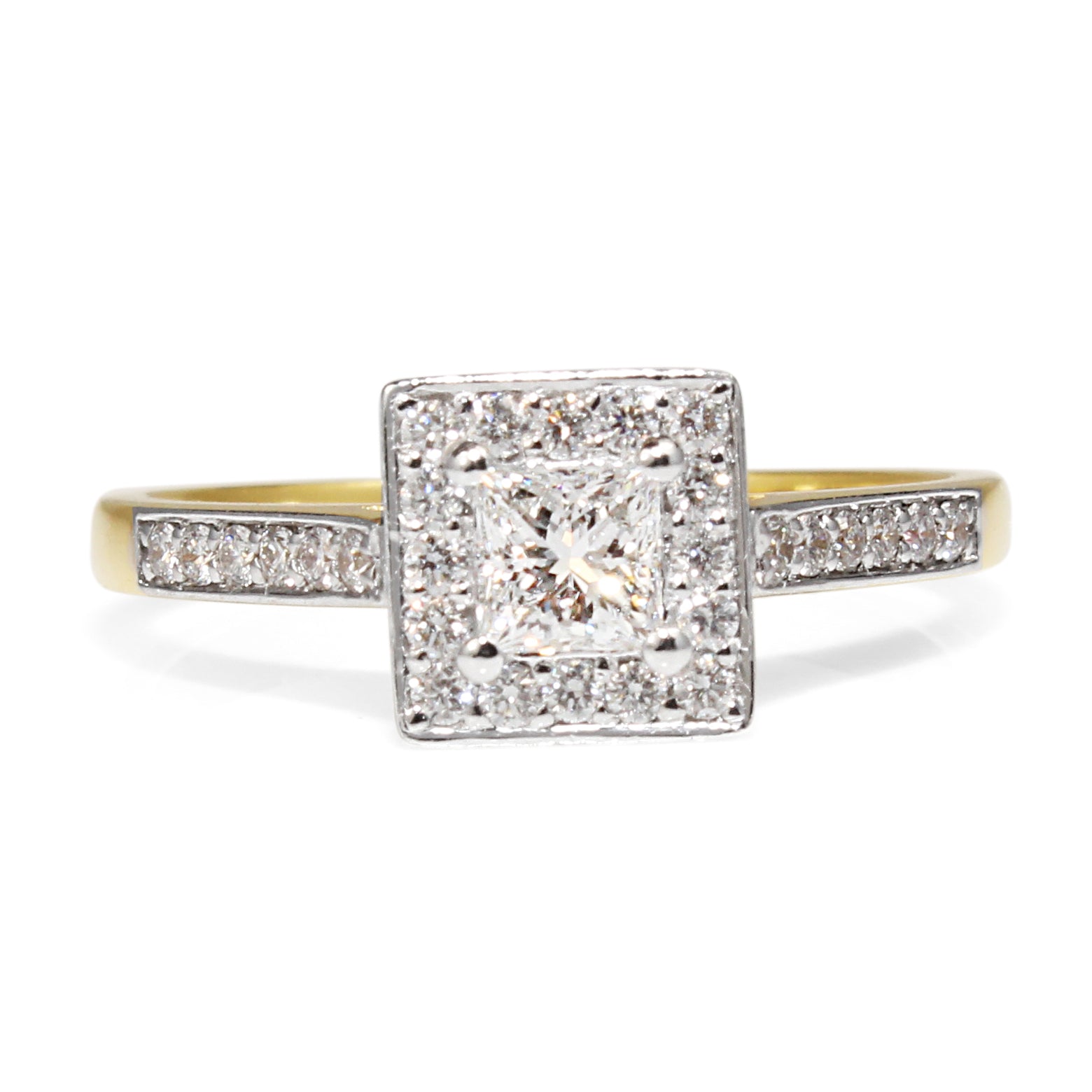 18ct yellow and white gold square halo diamond engagement ring on white background