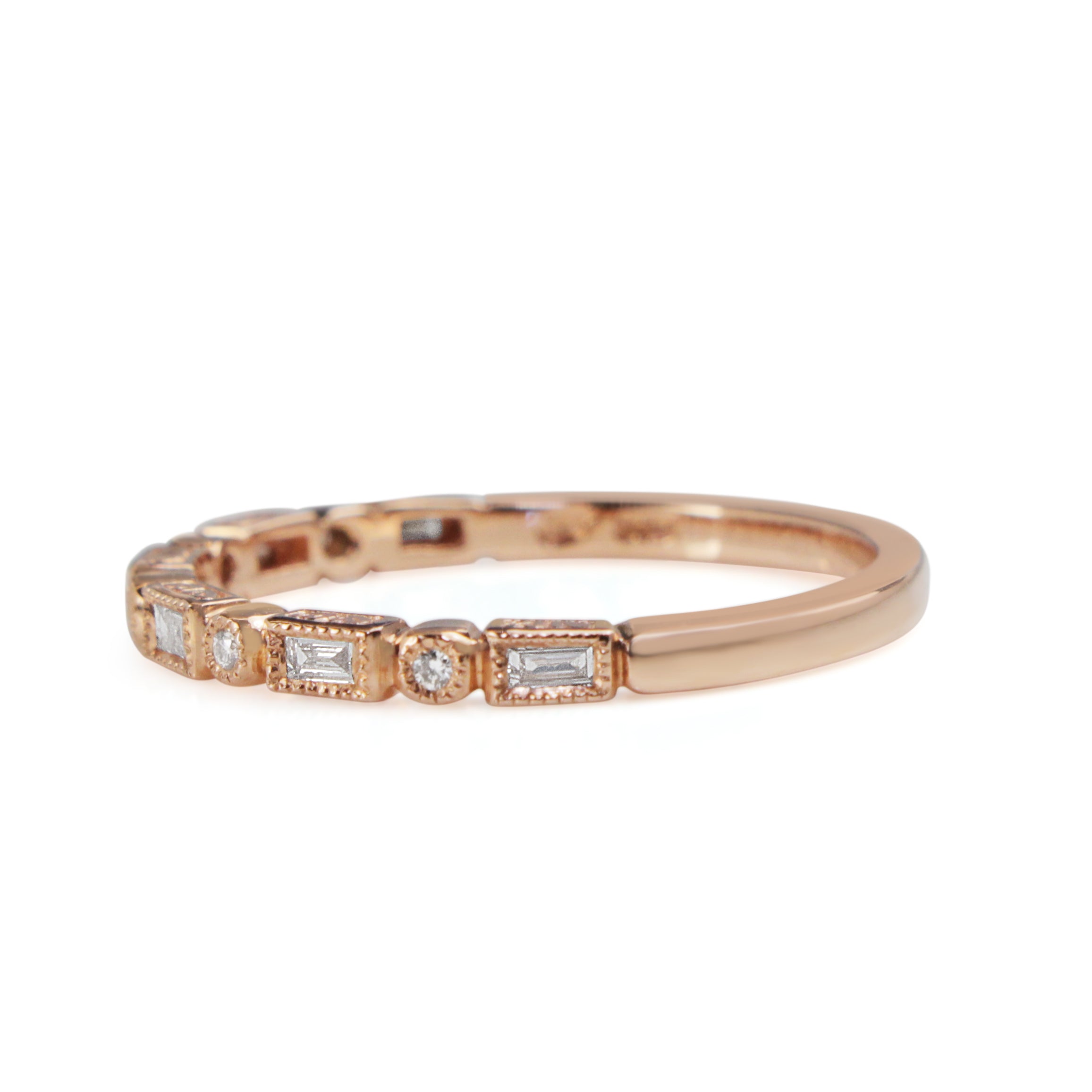 Side view of 9ct rose gold Deco style diamond ring