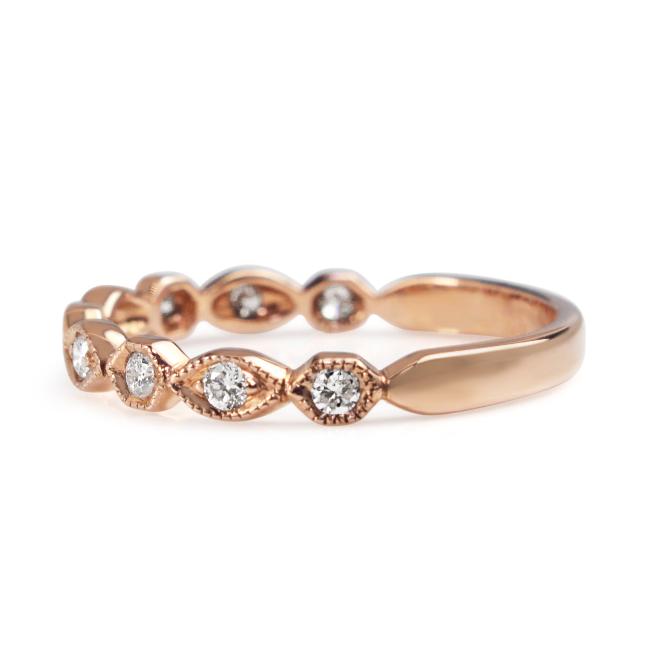 Side view of 9ct rose gold vintage style diamond wedding ring