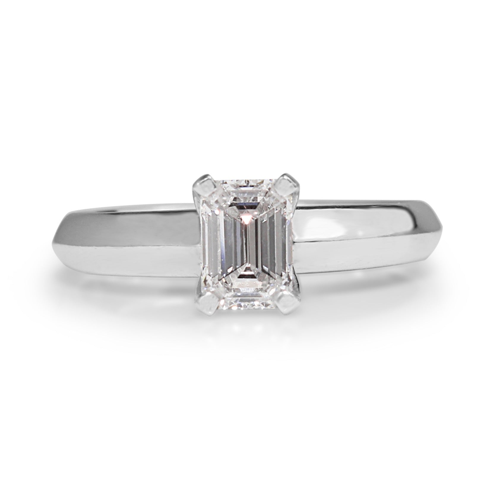 18ct white gold emerald cut diamond solitaire engagement ring close‑up