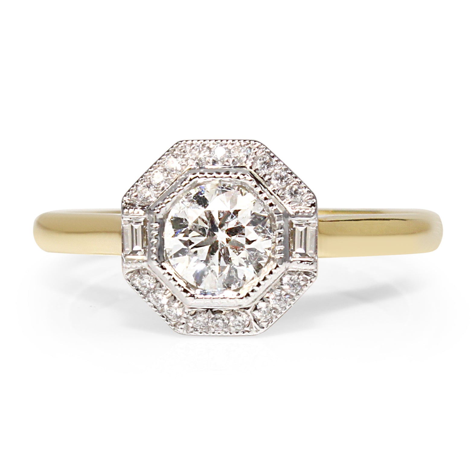 18ct yellow and white gold hexagon halo diamond engagement ring 0.65ct