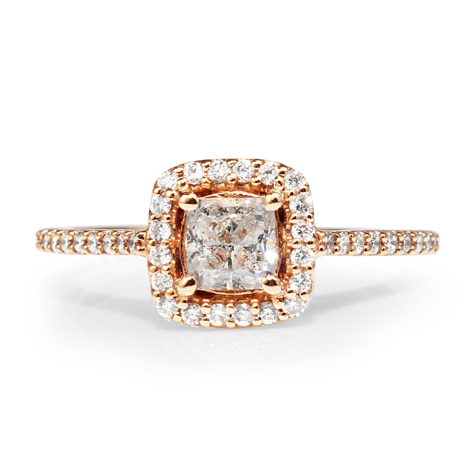 18ct rose gold cushion diamond halo engagement ring