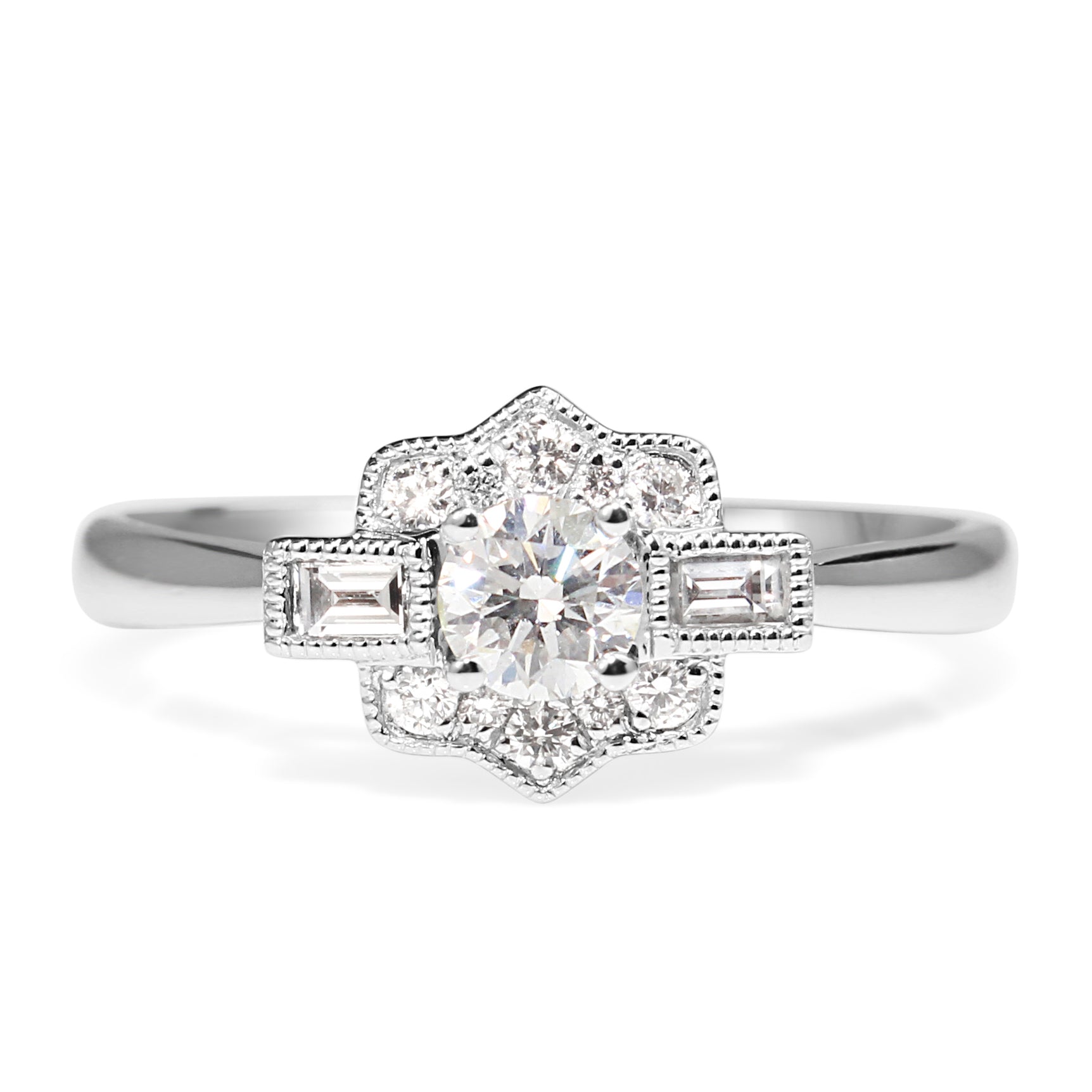 18ct White Gold Art Deco Style Diamond Engagement Ring on White Background – Fine Jewellery Melbourne Australia