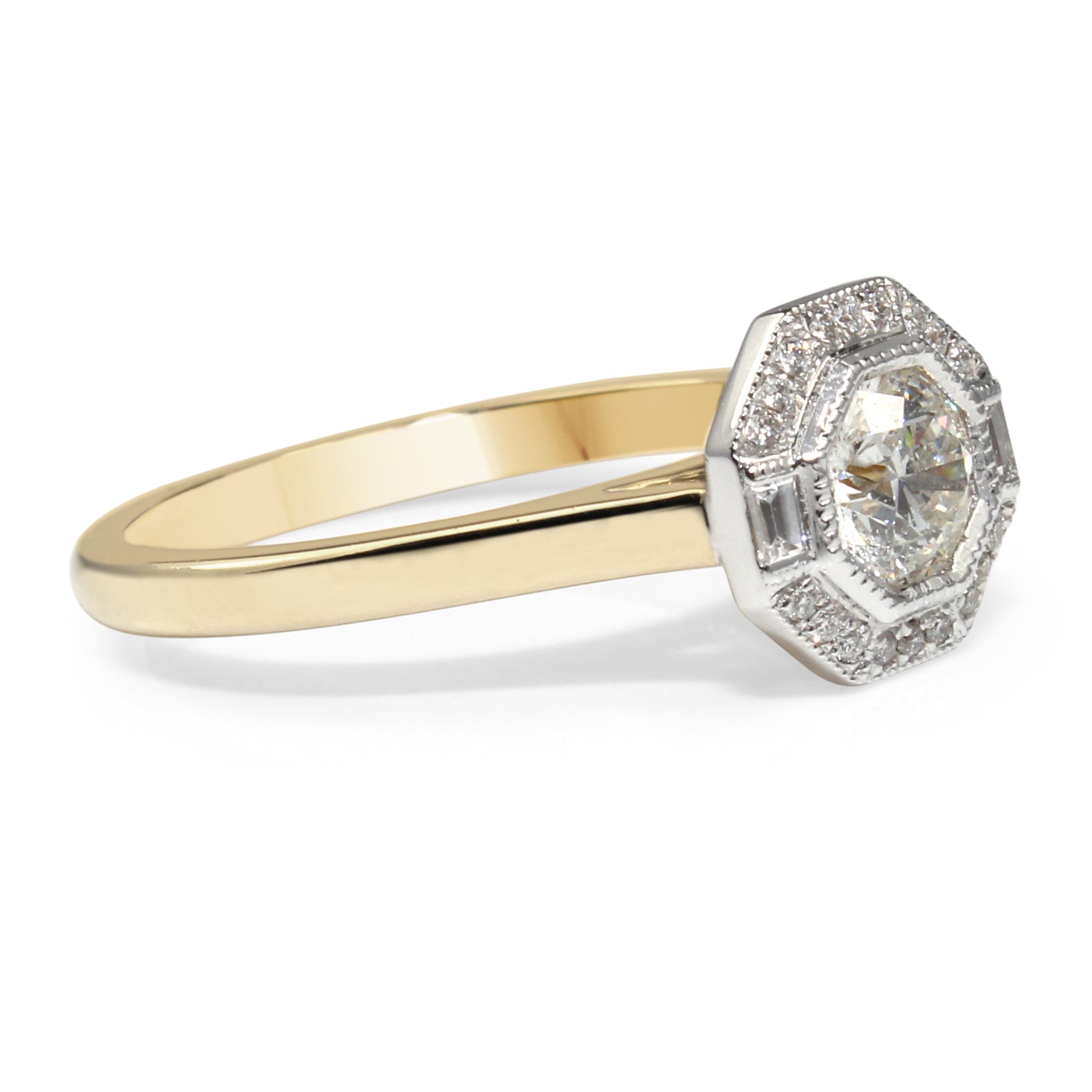 18ct Yellow & White Gold Hexagon Halo Diamond Ring – 0.65ct