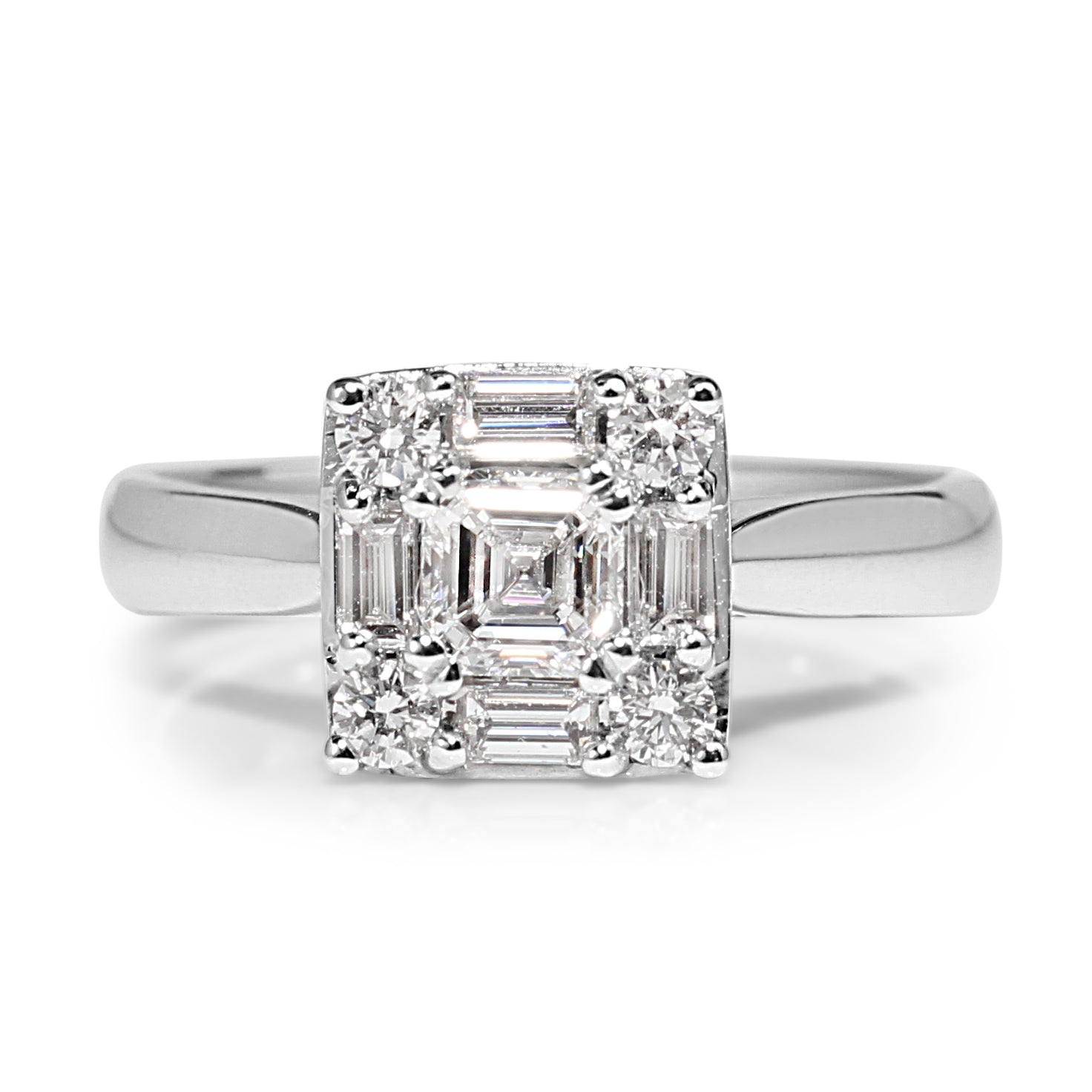 18ct White Gold Asscher Halo Diamond Engagement Ring – close‑up of sparkling diamond halo on white gold band