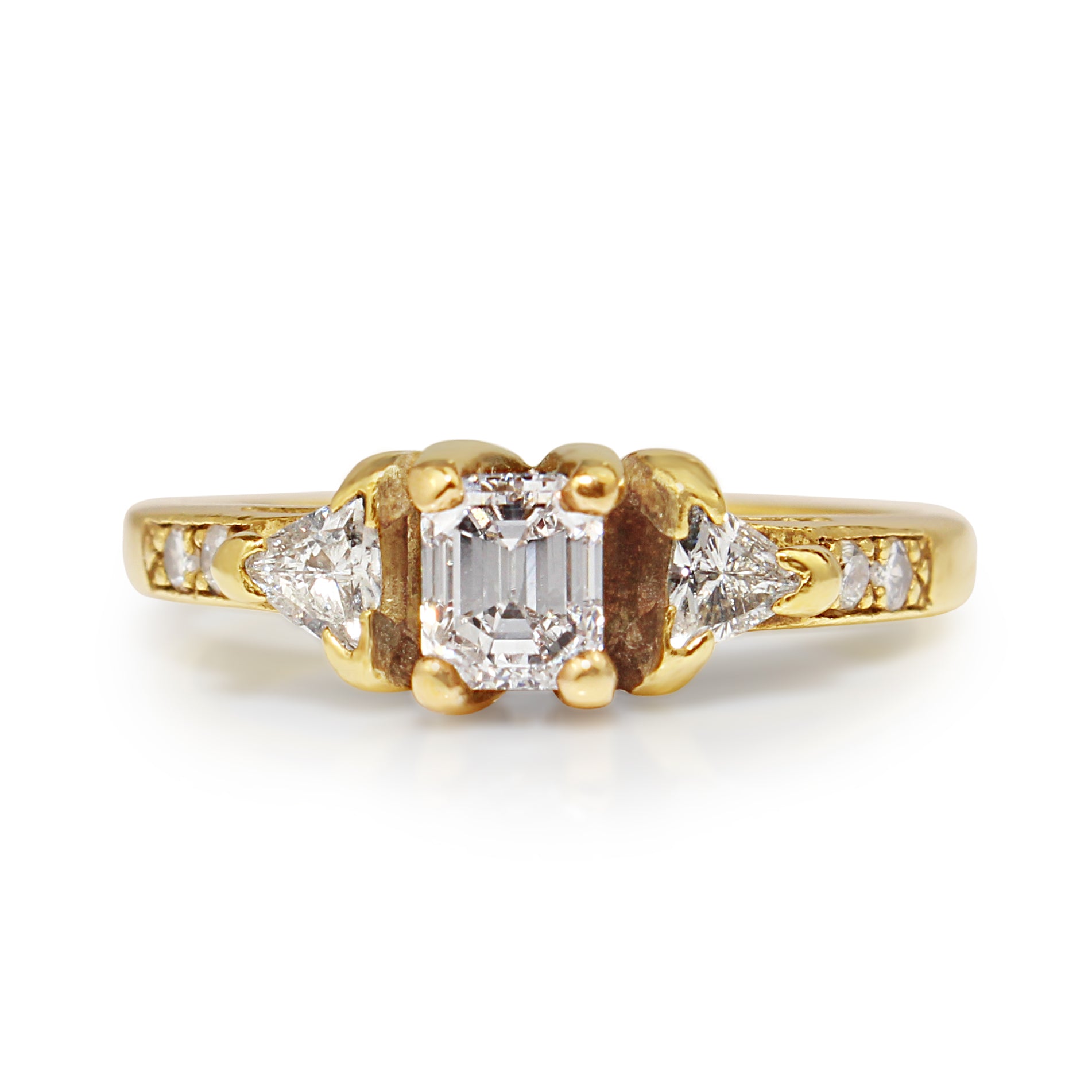 18ct yellow gold emerald and trillion 3 stone diamond engagement ring