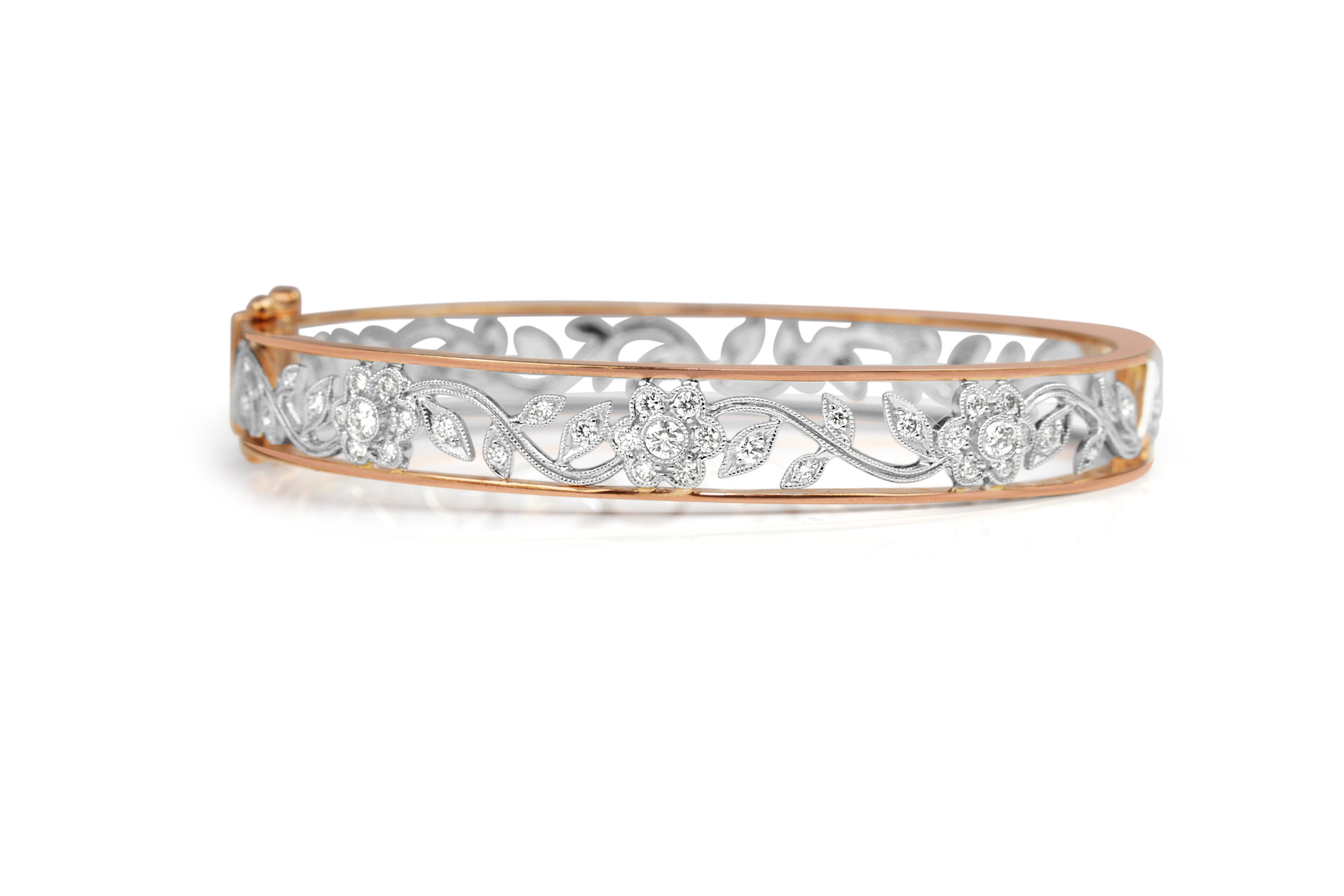9ct rose and white gold diamond floral bangle australia