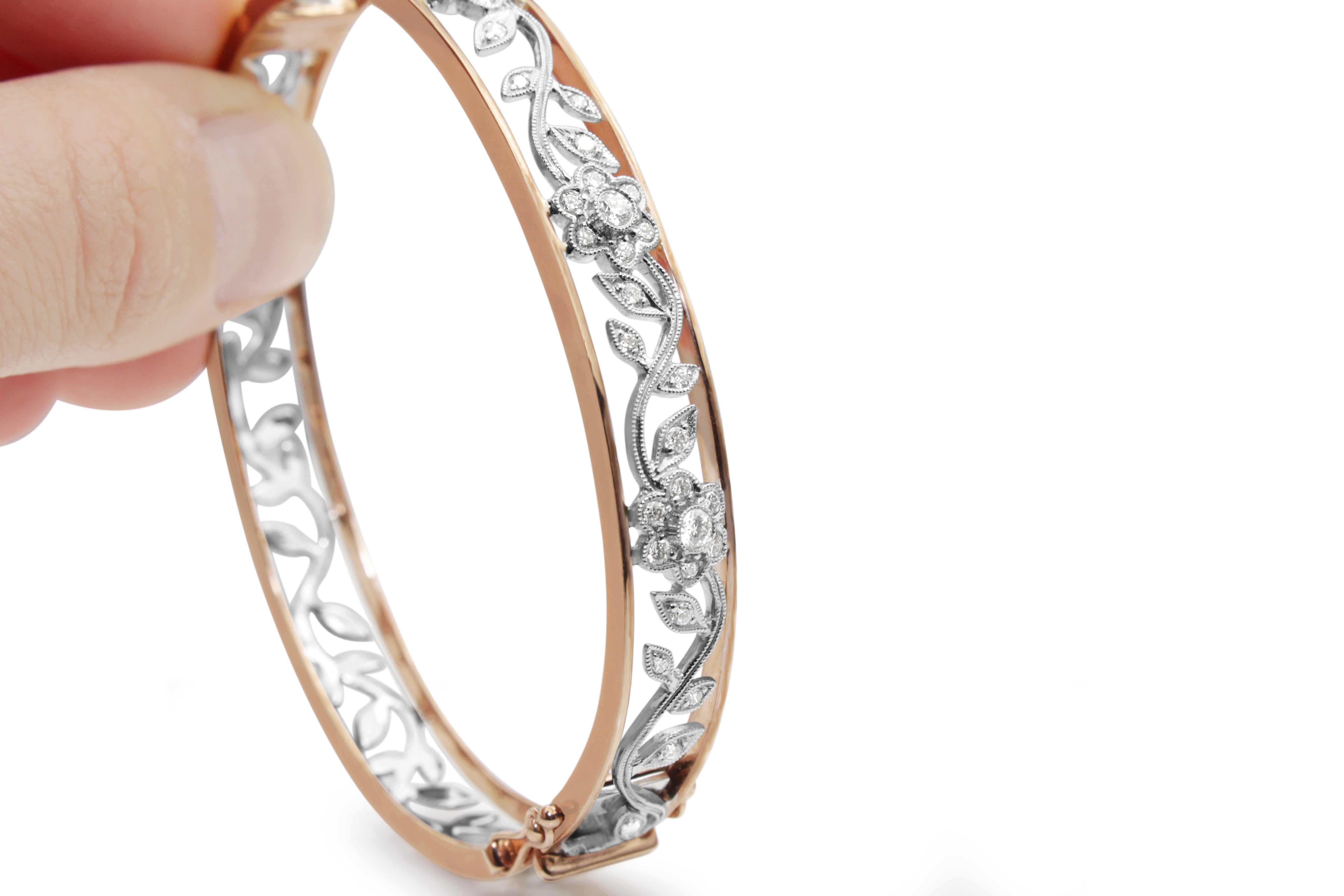 9ct Rose & White Gold Diamond Floral Bangle Bracelet