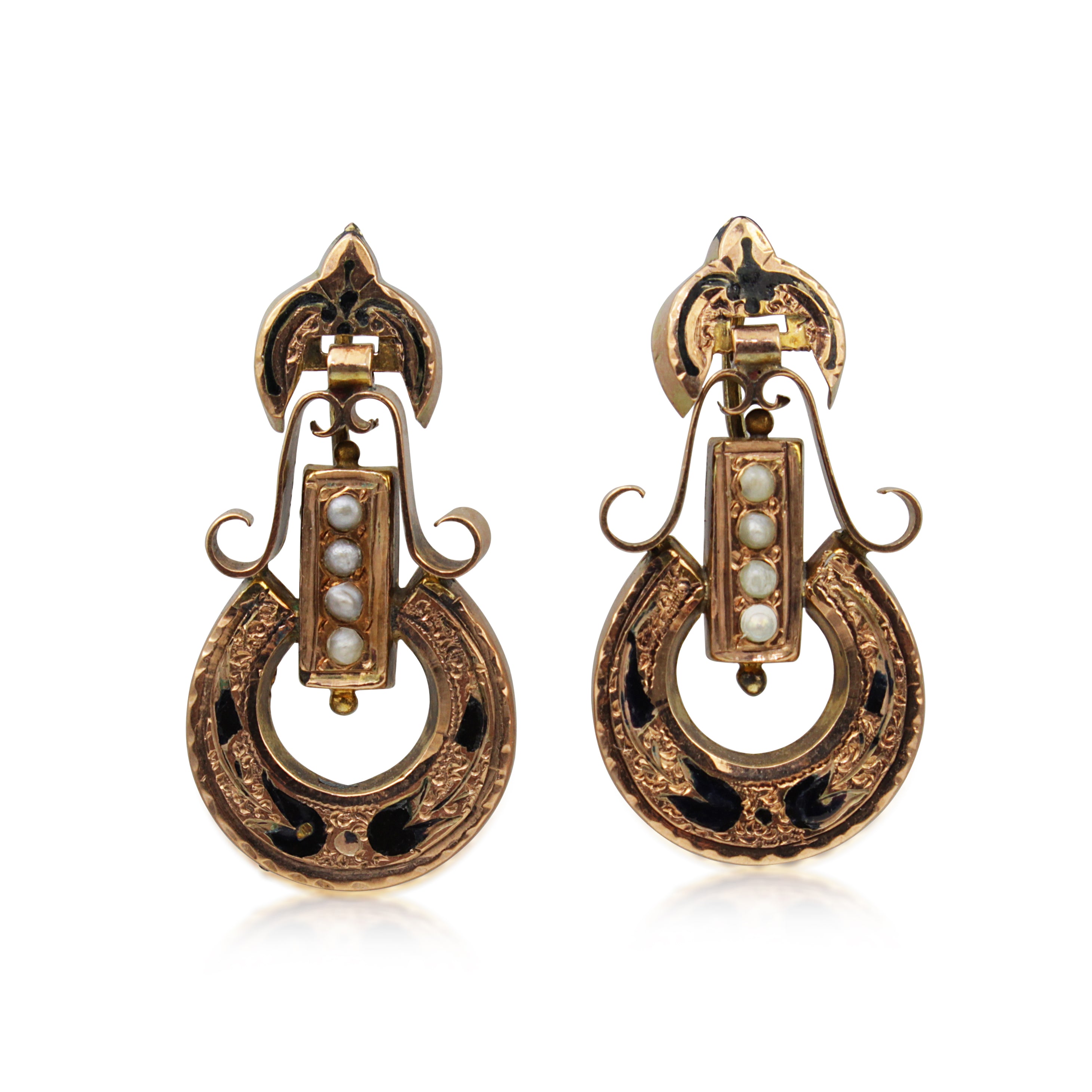 9ct Rose Gold Antique Enamel and Pearl Ornate Earrings Australia