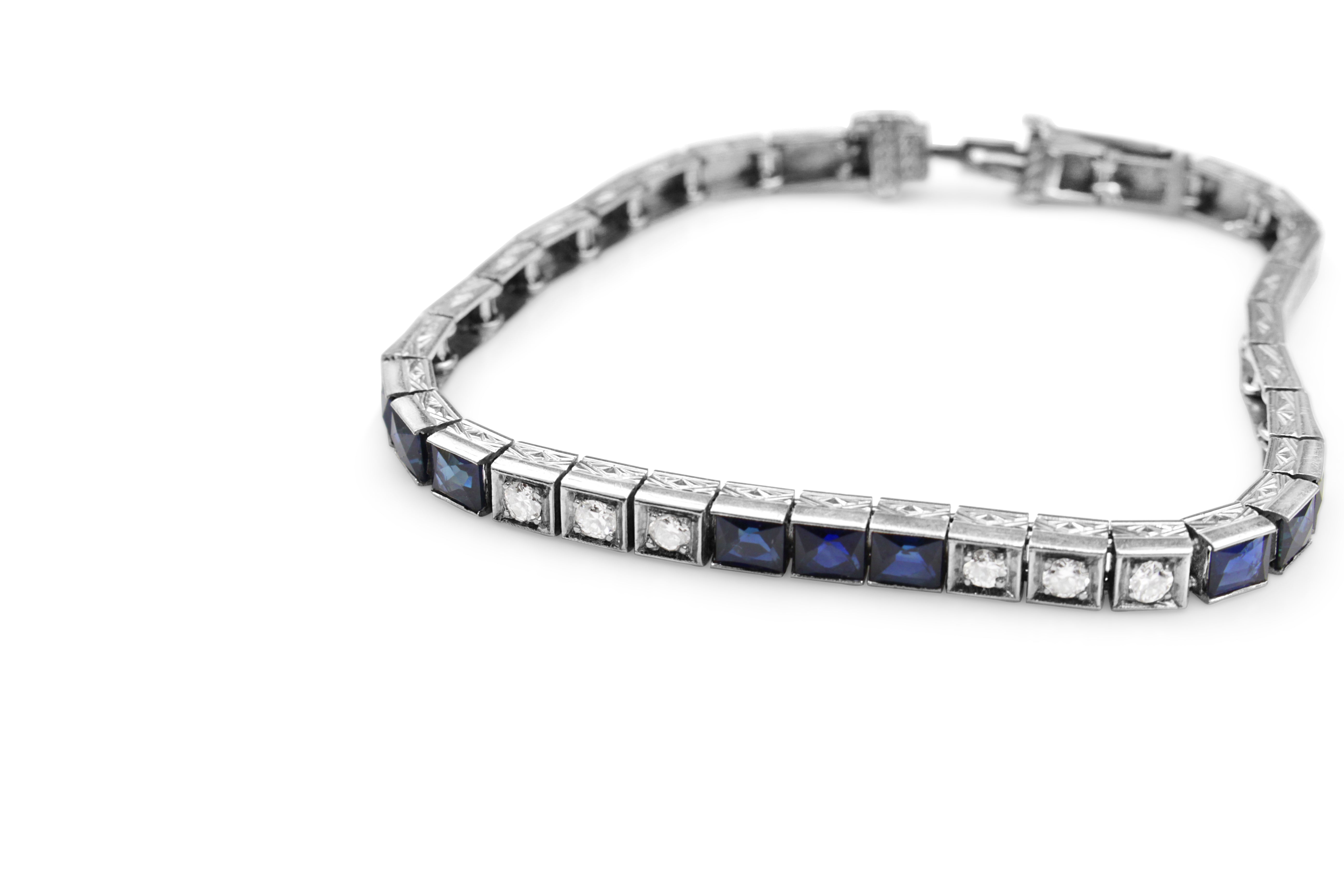 deco style sapphire bracelet with diamonds