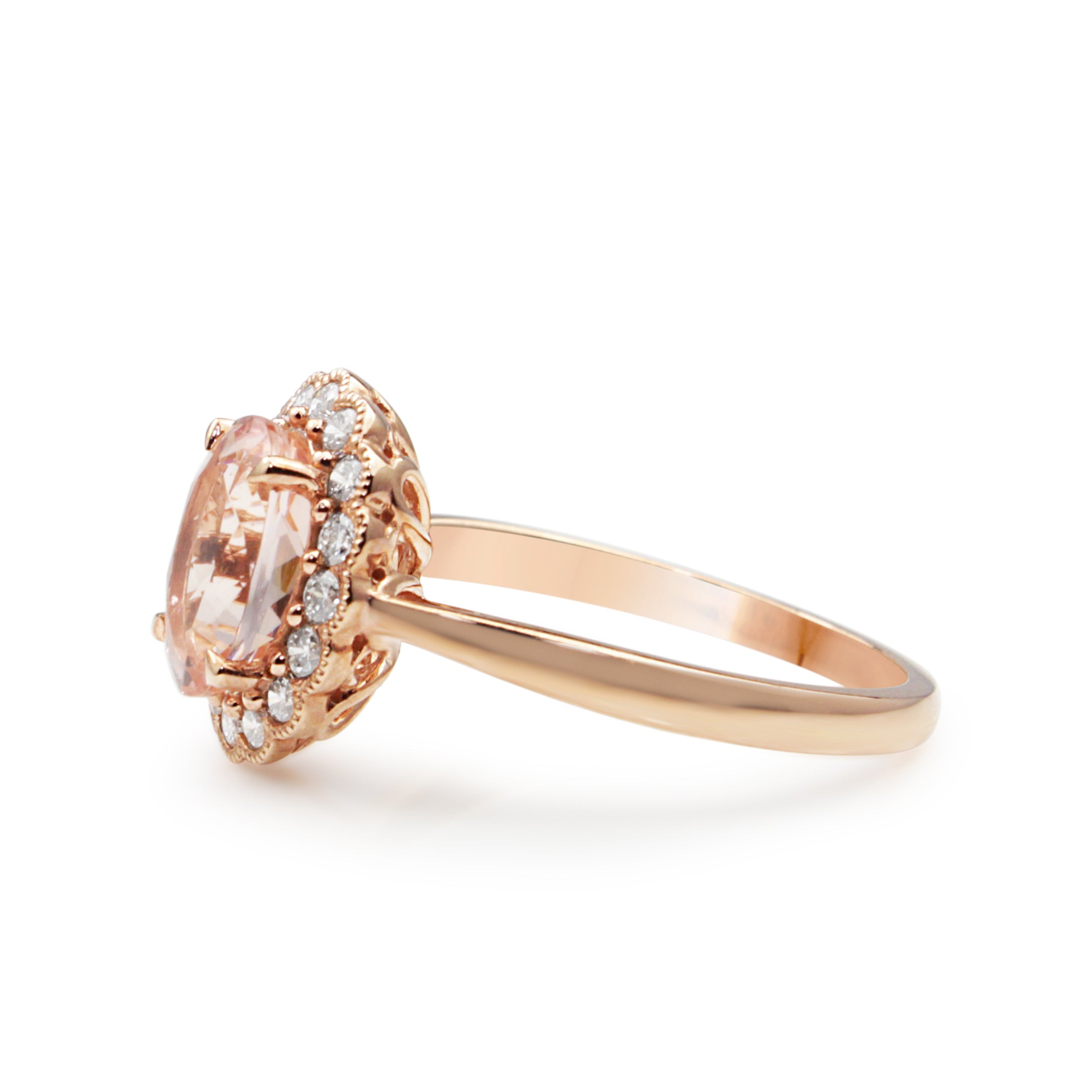 Morganite centre gemstone close-up on rose gold ring
