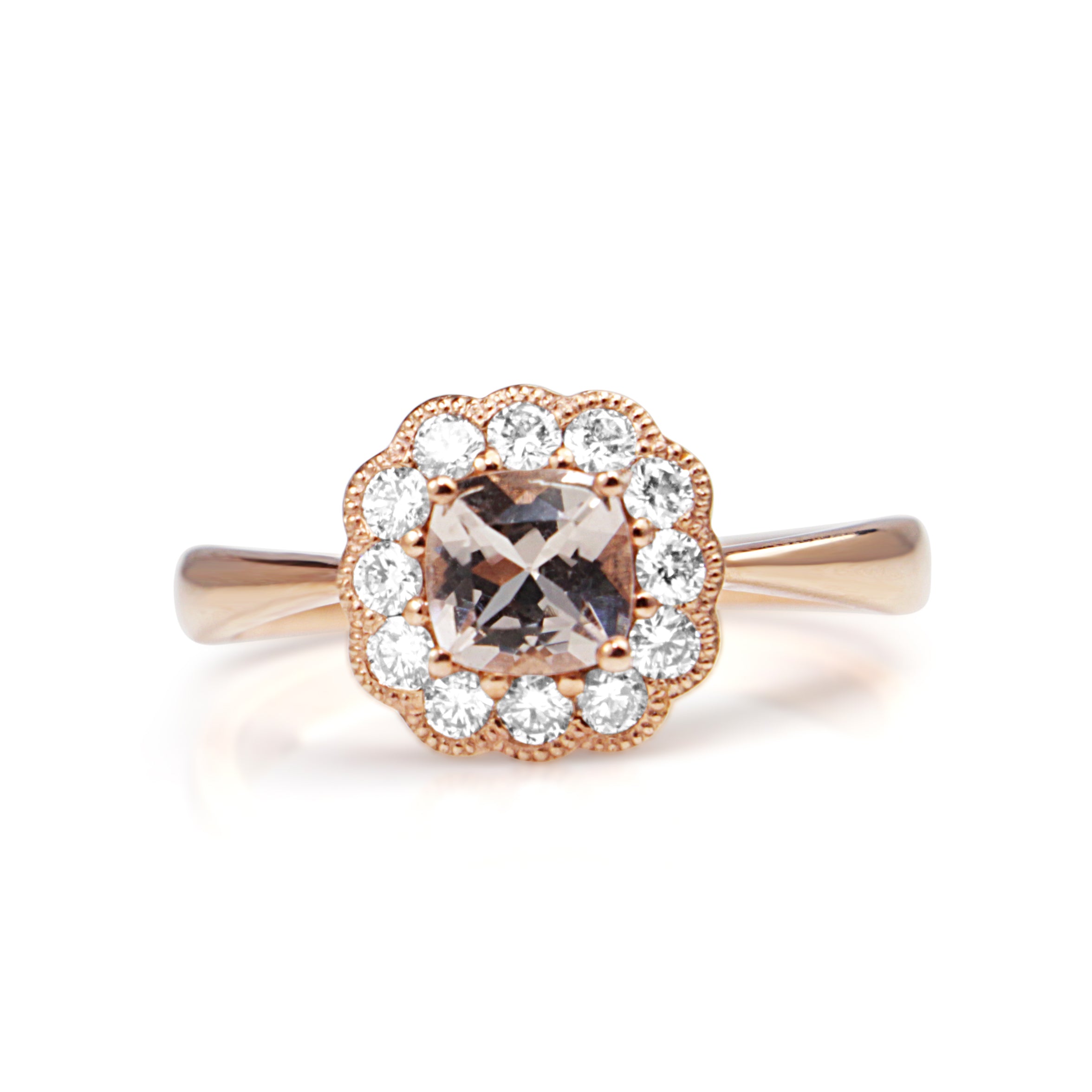 9ct rose gold morganite and diamond daisy engagement ring close up