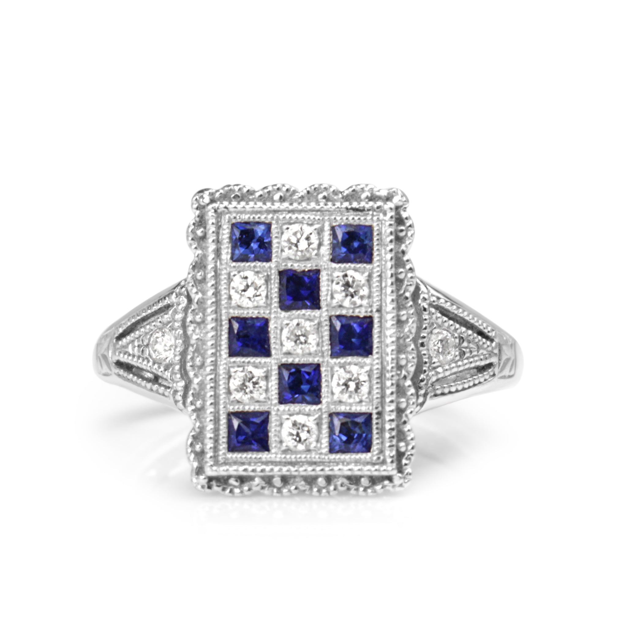 18ct white gold sapphire and diamond checkerboard ring