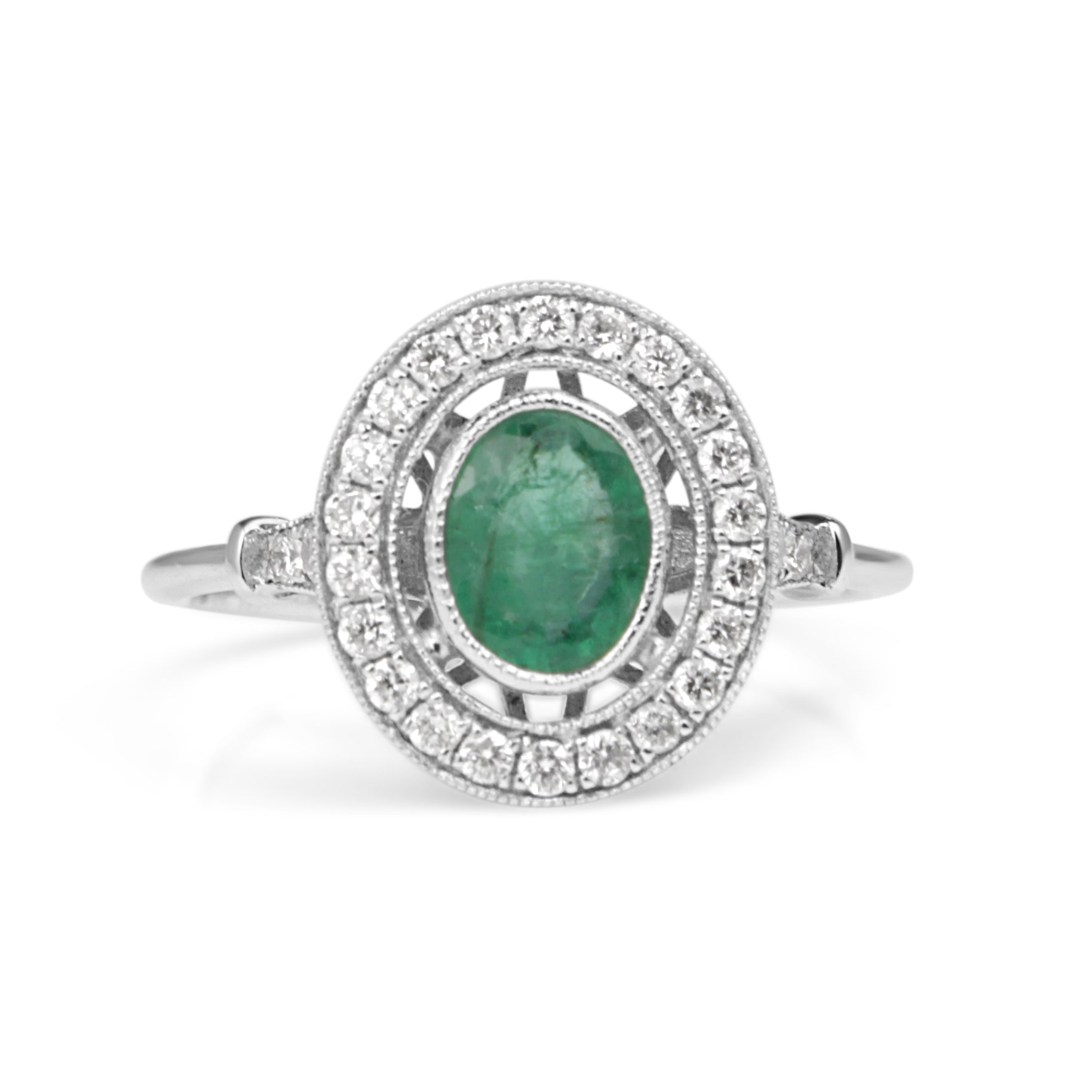 18ct white gold emerald diamond halo engagement ring