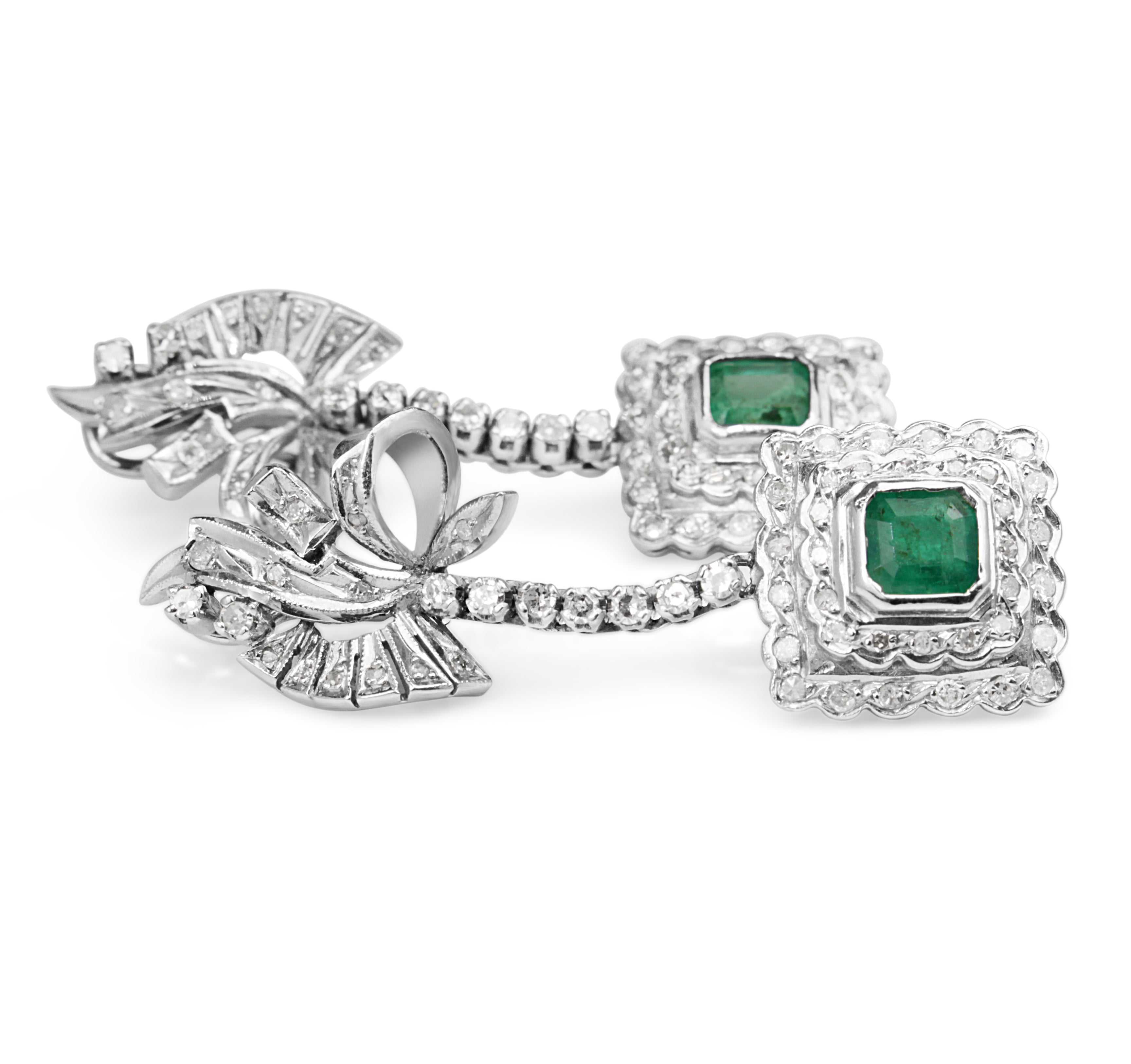 Platinum and Palladium Emerald and Diamond Deco Earrings