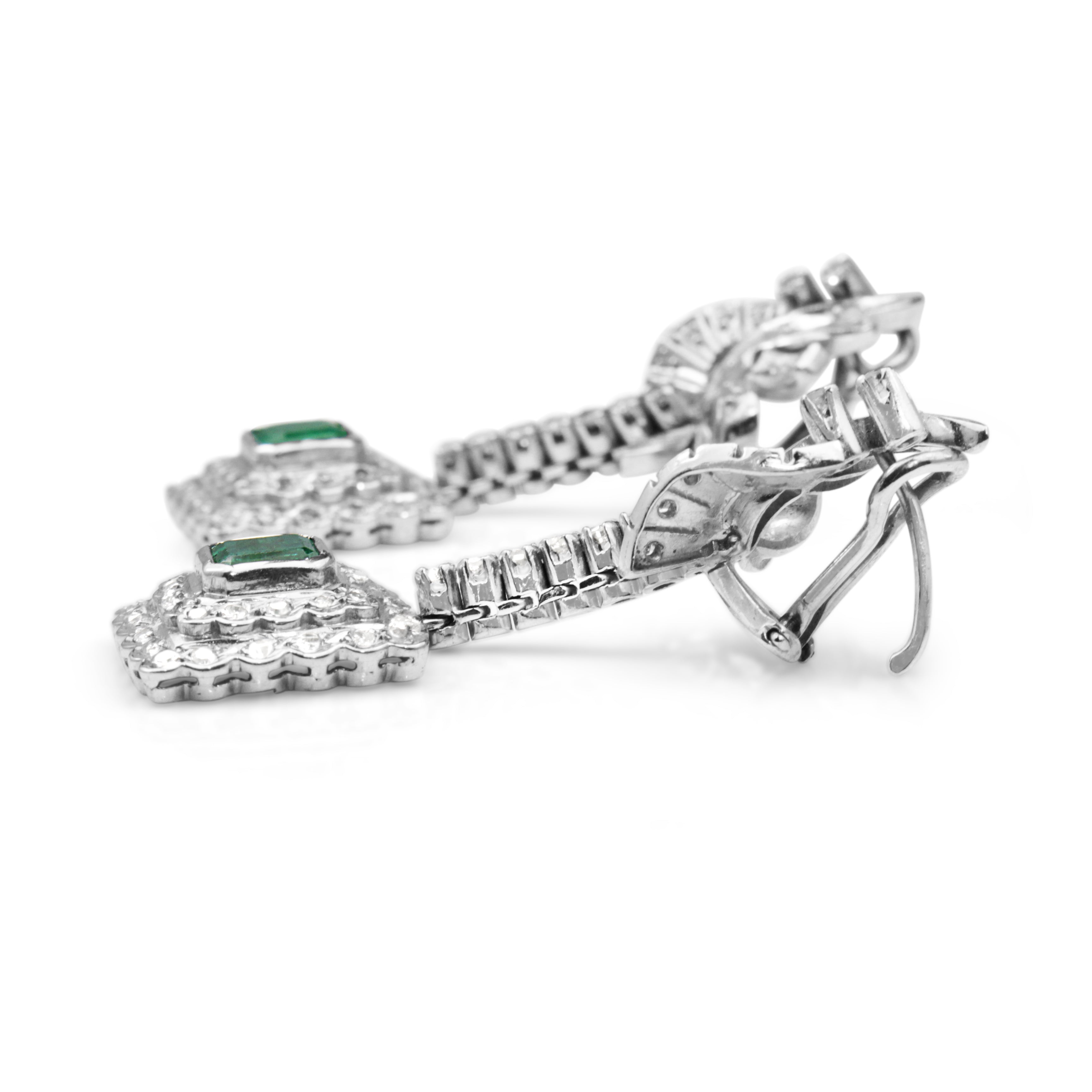 Platinum and Palladium Emerald and Diamond Deco Earrings