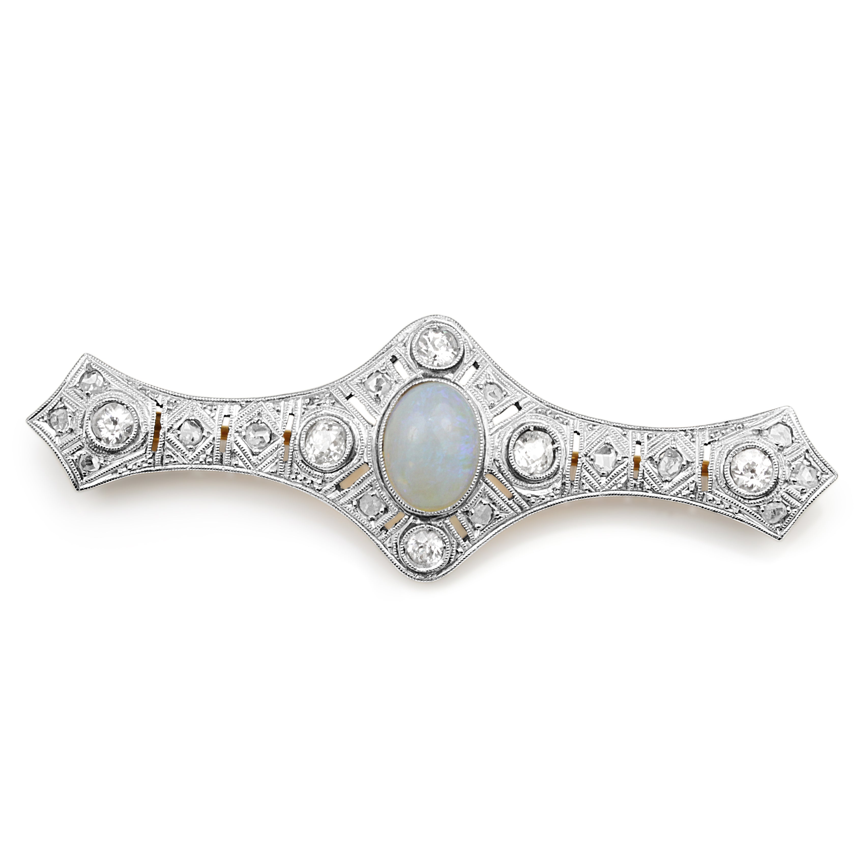 Art Deco opal and diamond brooch in 18ct yellow gold and platinum vintage jewellery Melbourne Australia
