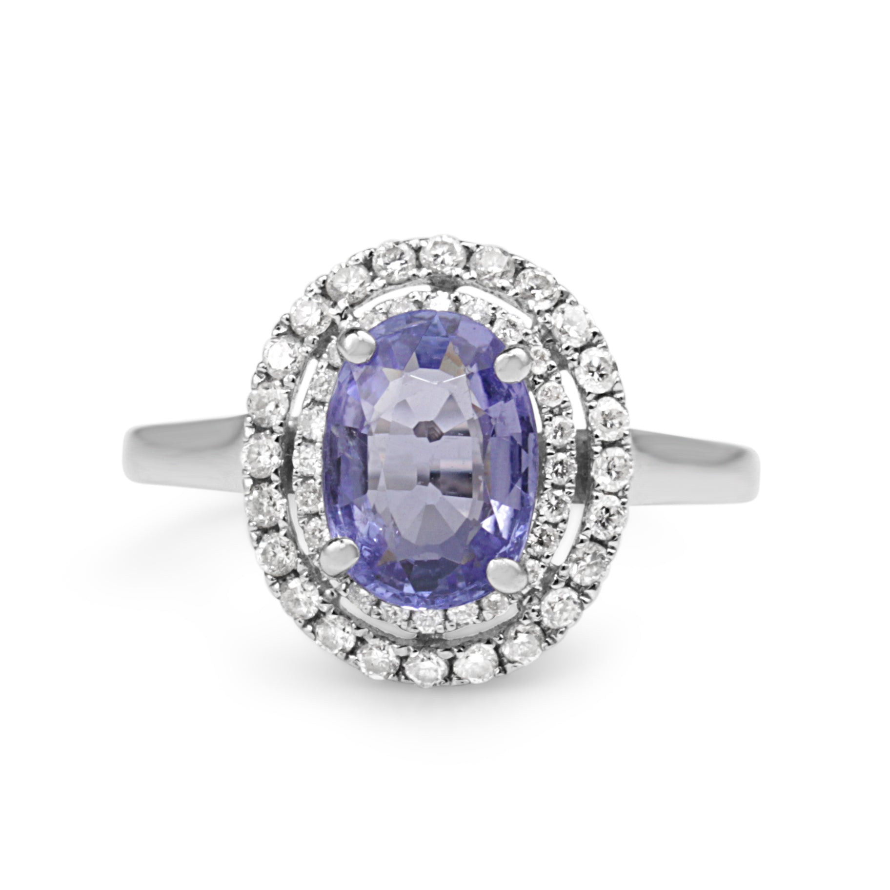 18ct White Gold Tanzanite Double Halo Diamond Engagement Ring Front View