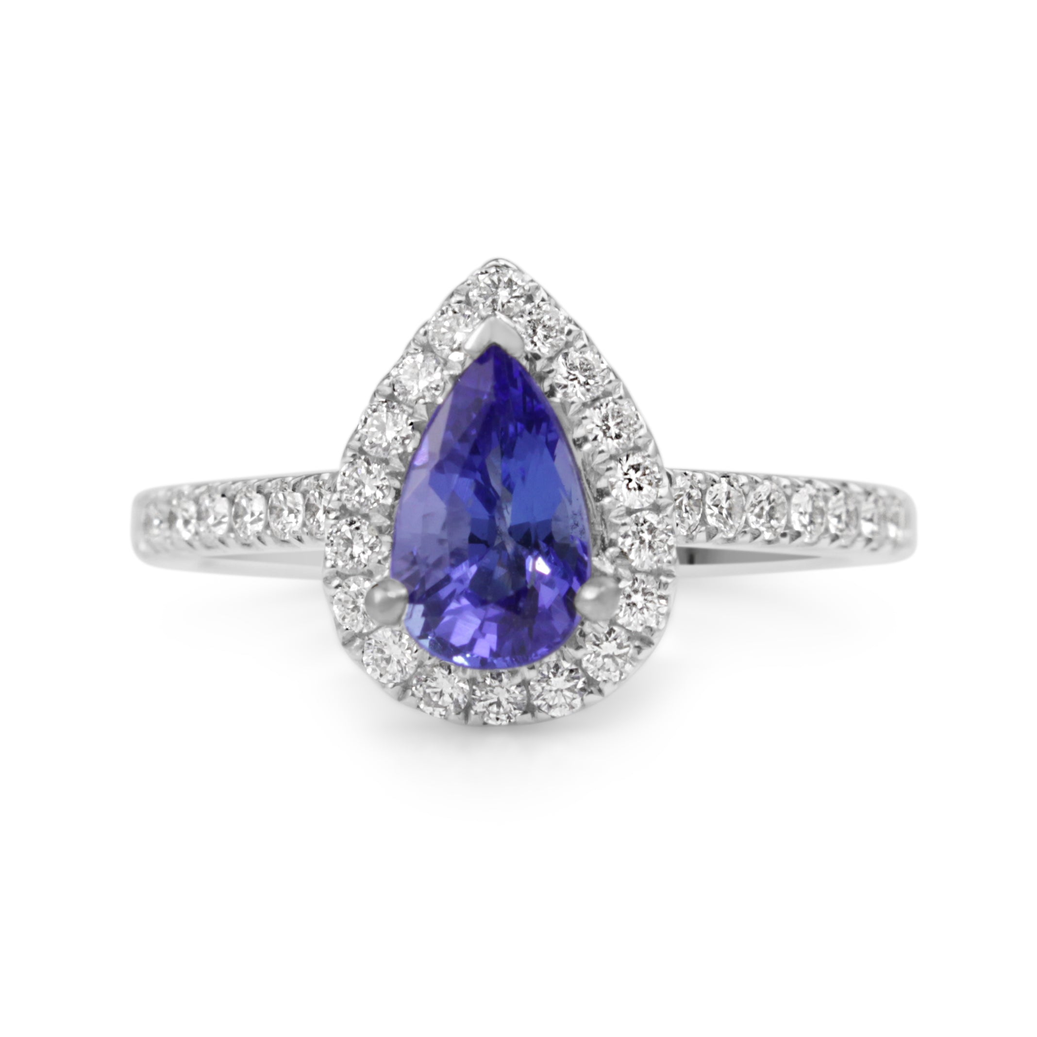 18ct white gold tanzanite and diamond pear halo engagement ring
