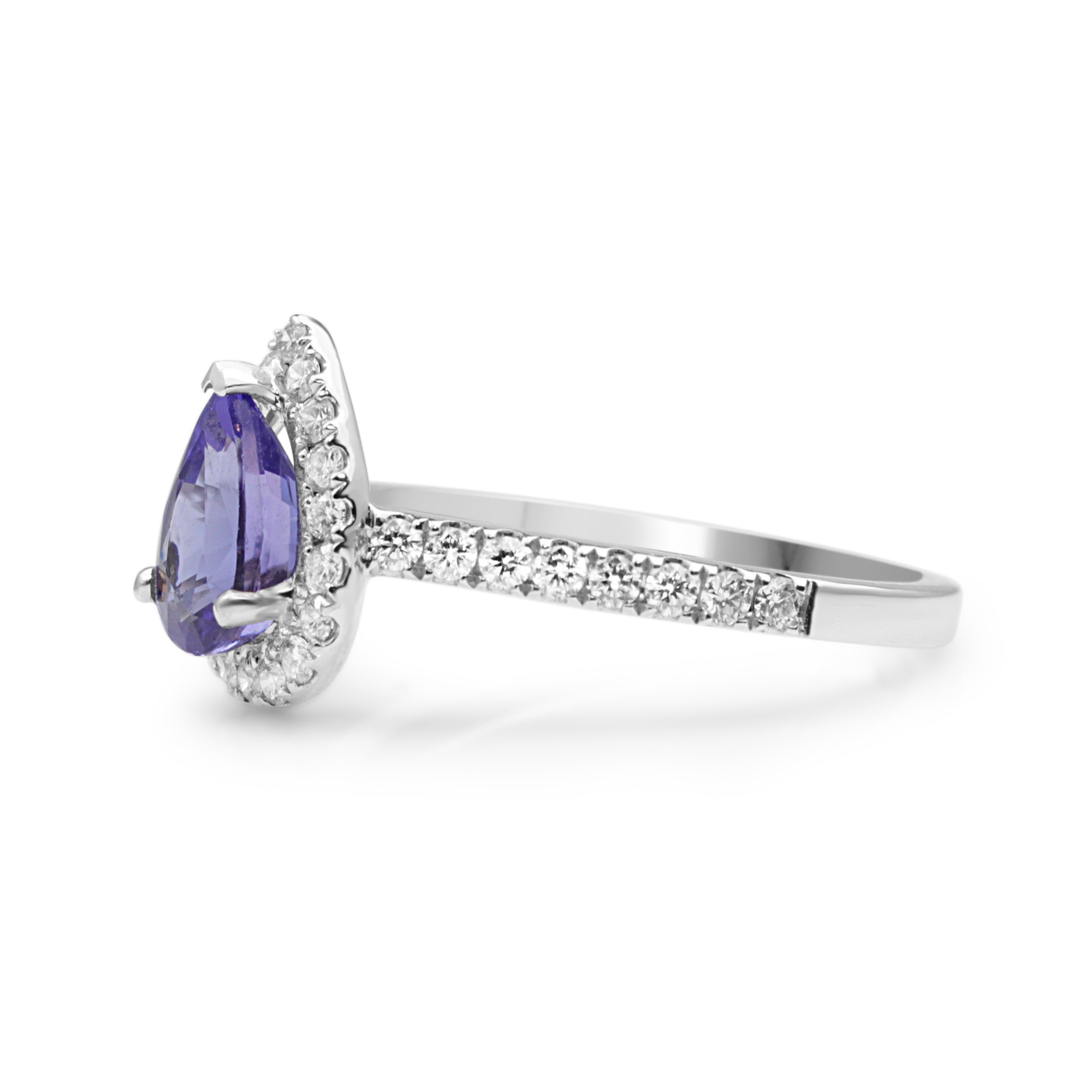 pear shaped tanzanite ring with diamond halo Melbourne jeweller