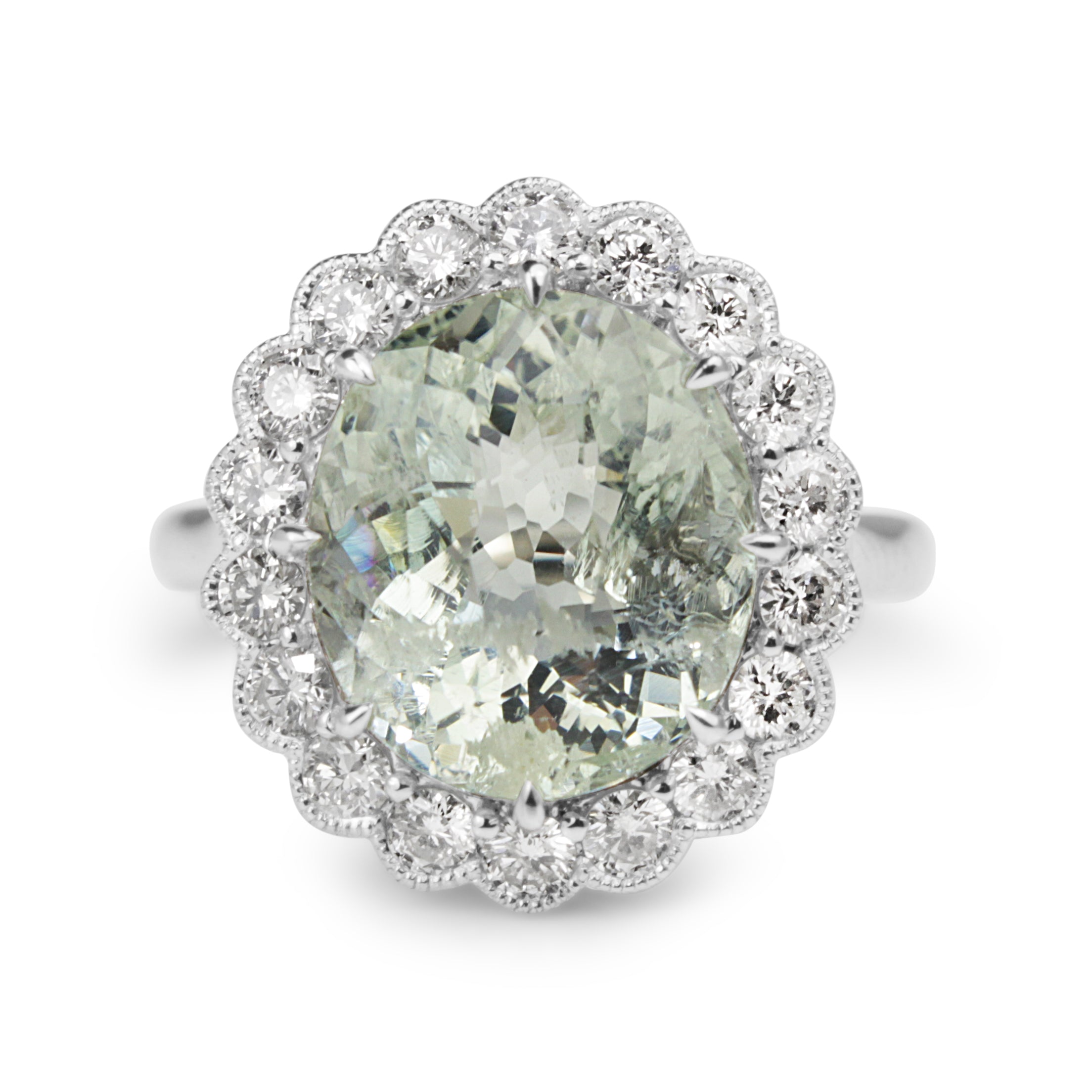 18ct white gold aquamarine and diamond daisy engagement ring