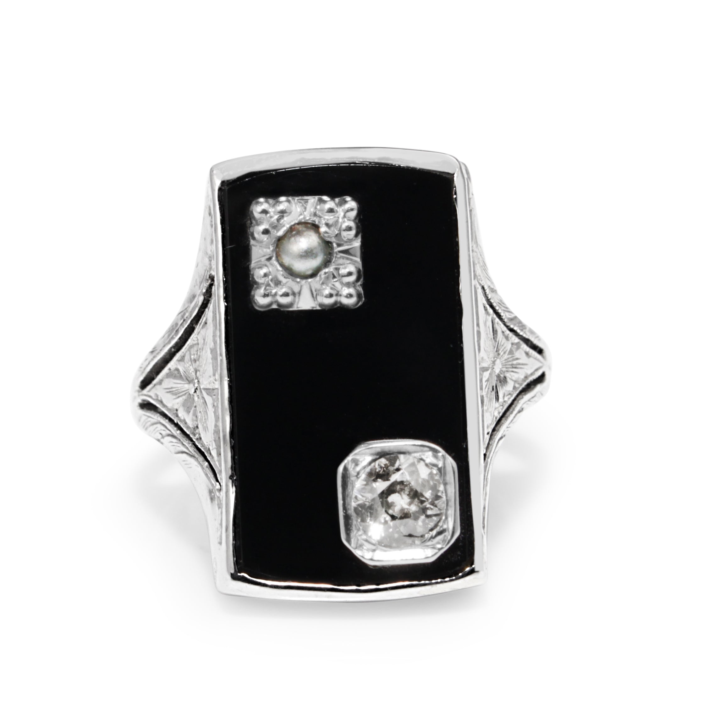14ct white gold art deco pearl onyx old cut diamond engagement ring jewelry Australia