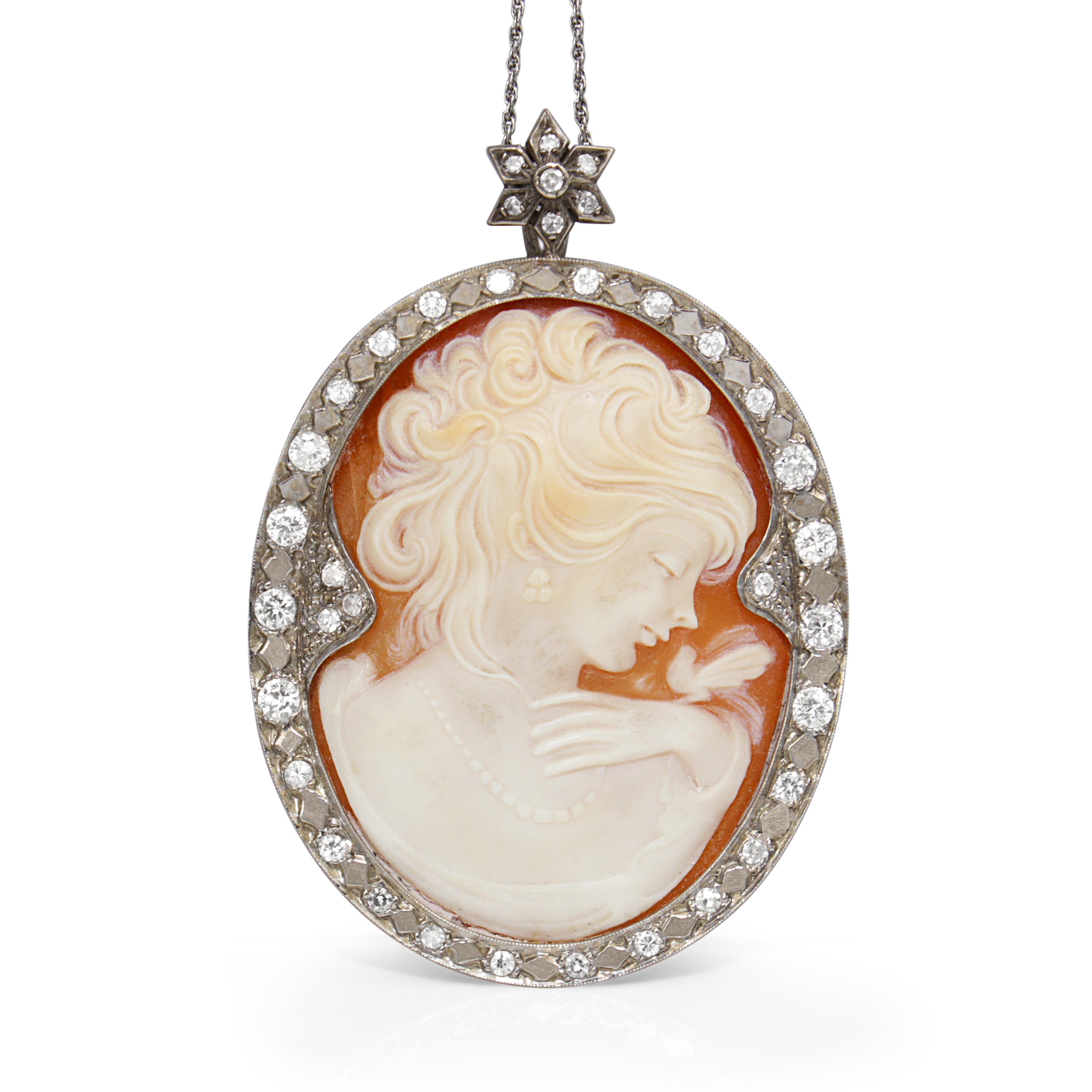 14ct white gold vintage cameo and diamond necklace
