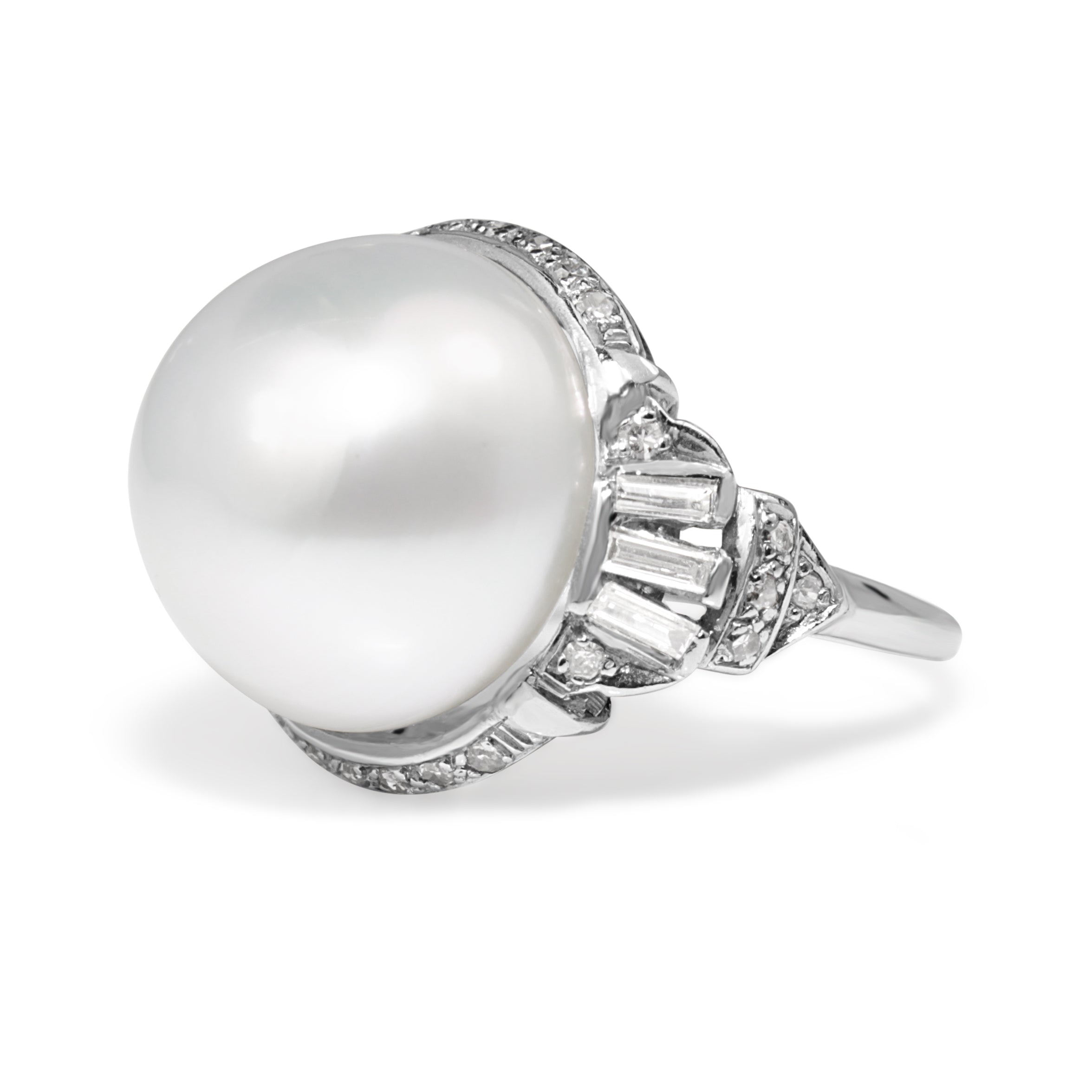Platinum Vintage South Sea 14mm Pearl and Diamond Ring