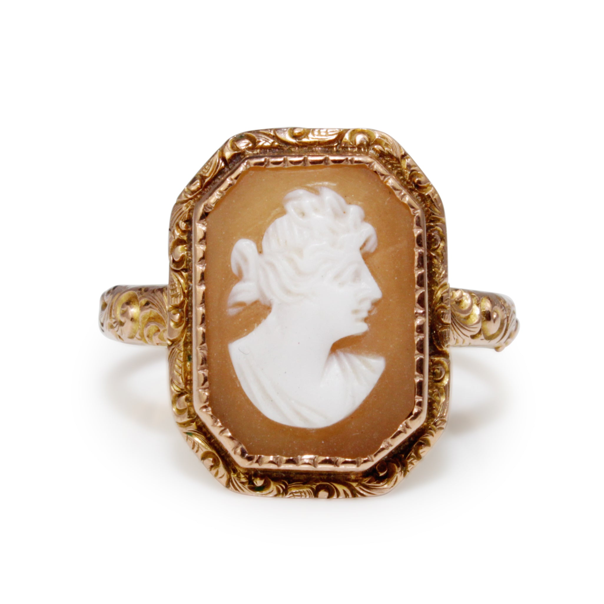 Antique 9ct rose gold etched cameo ring front view