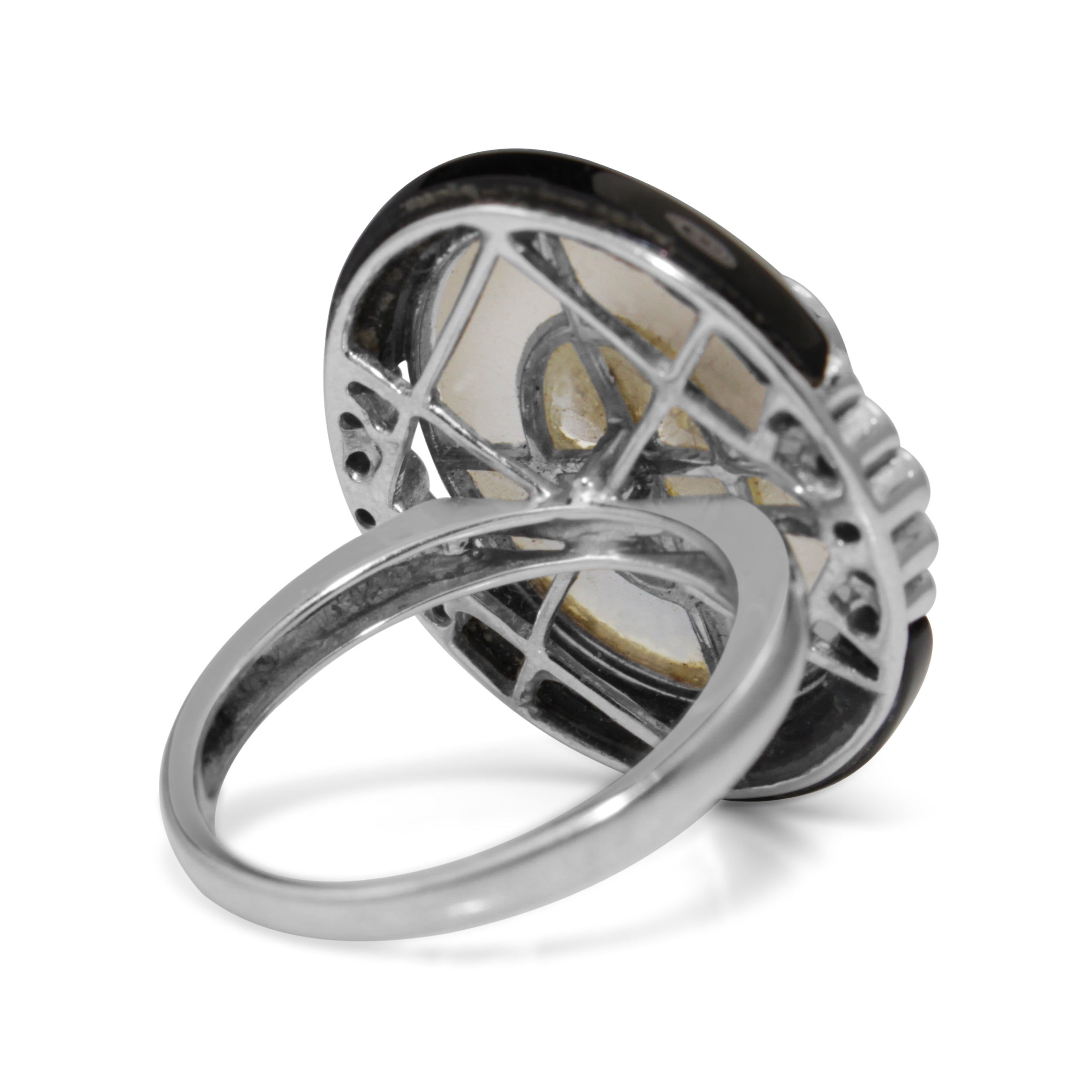 18ct White Gold Rock Crystal, Onyx and Diamond Ring