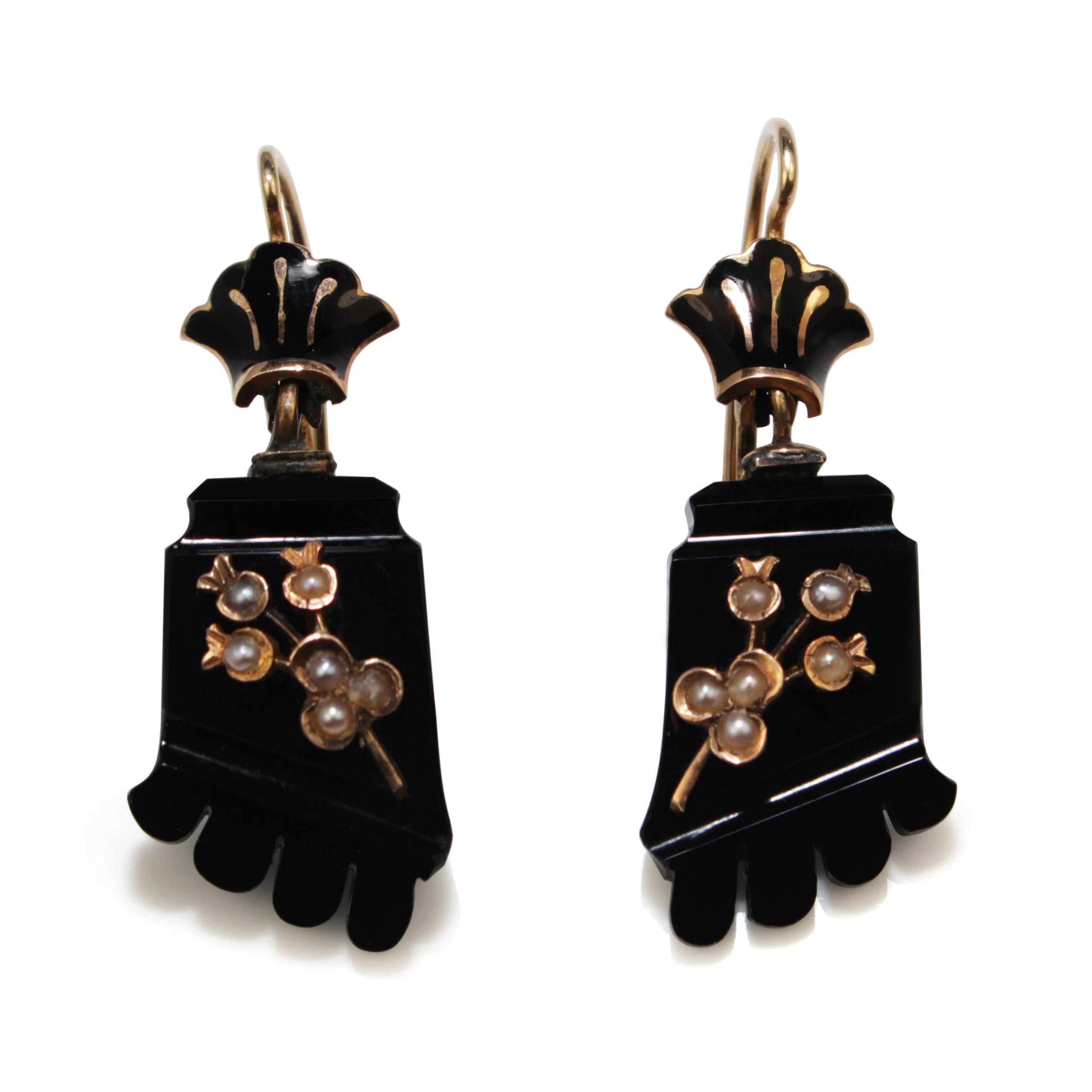 14ct Yellow Gold Antique Onyx and Pearl Earrings