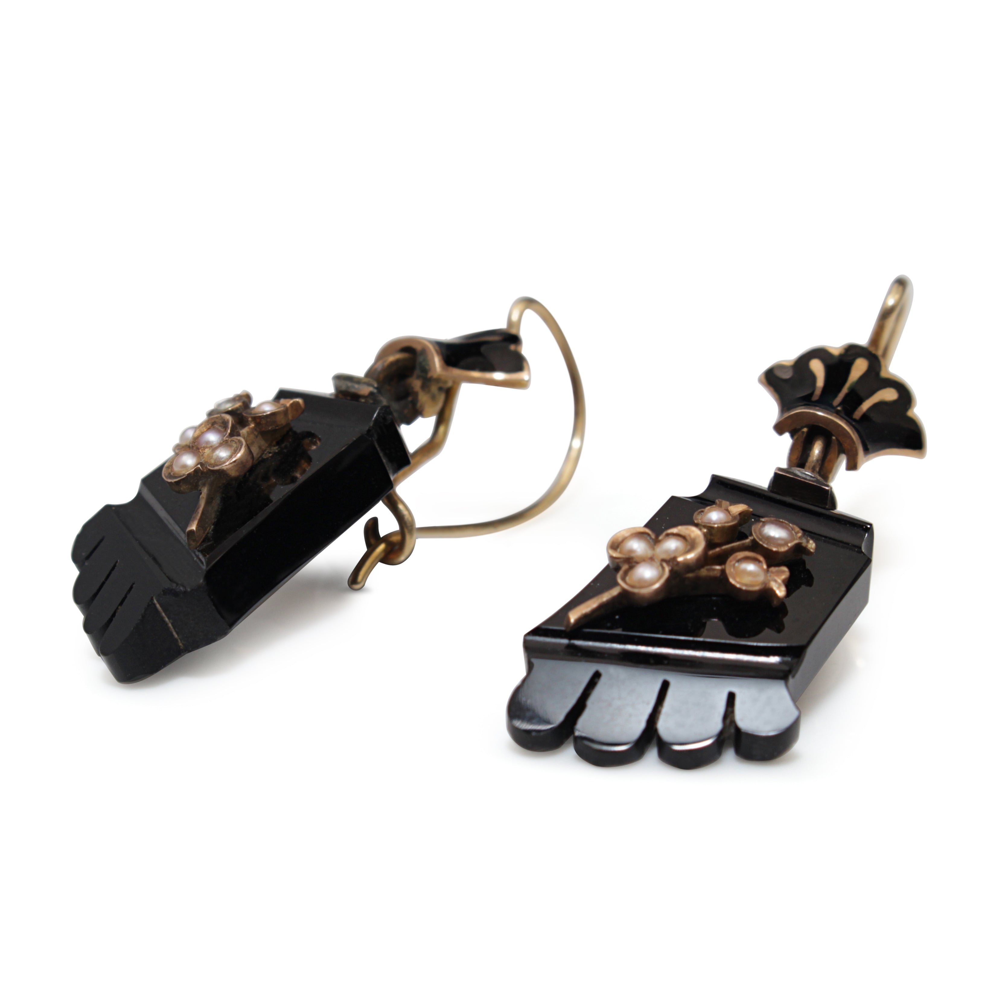 14ct Yellow Gold Antique Onyx and Pearl Earrings