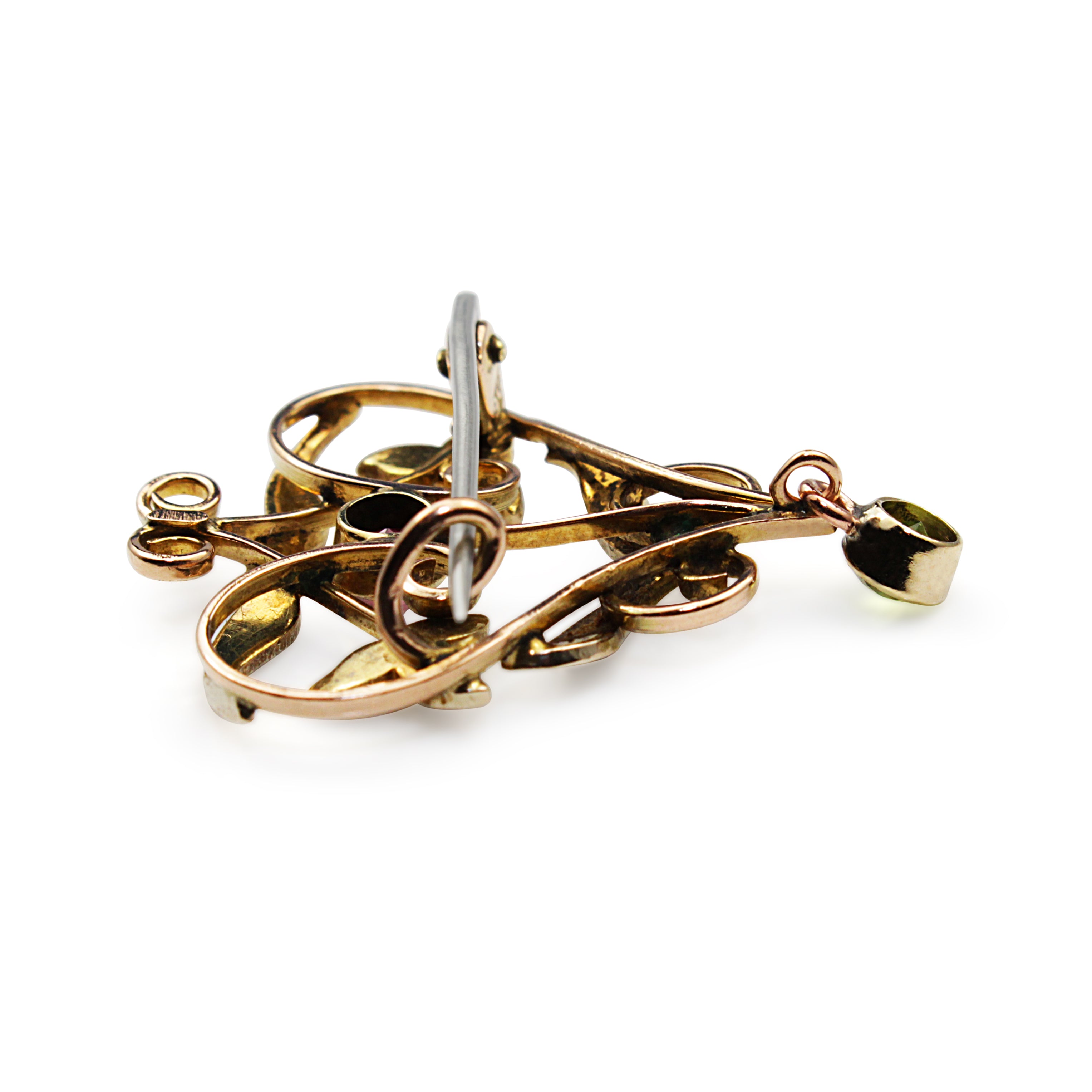 9ct Yellow Gold Antique Garnet, Pearl and Peridot Suffragette Brooch