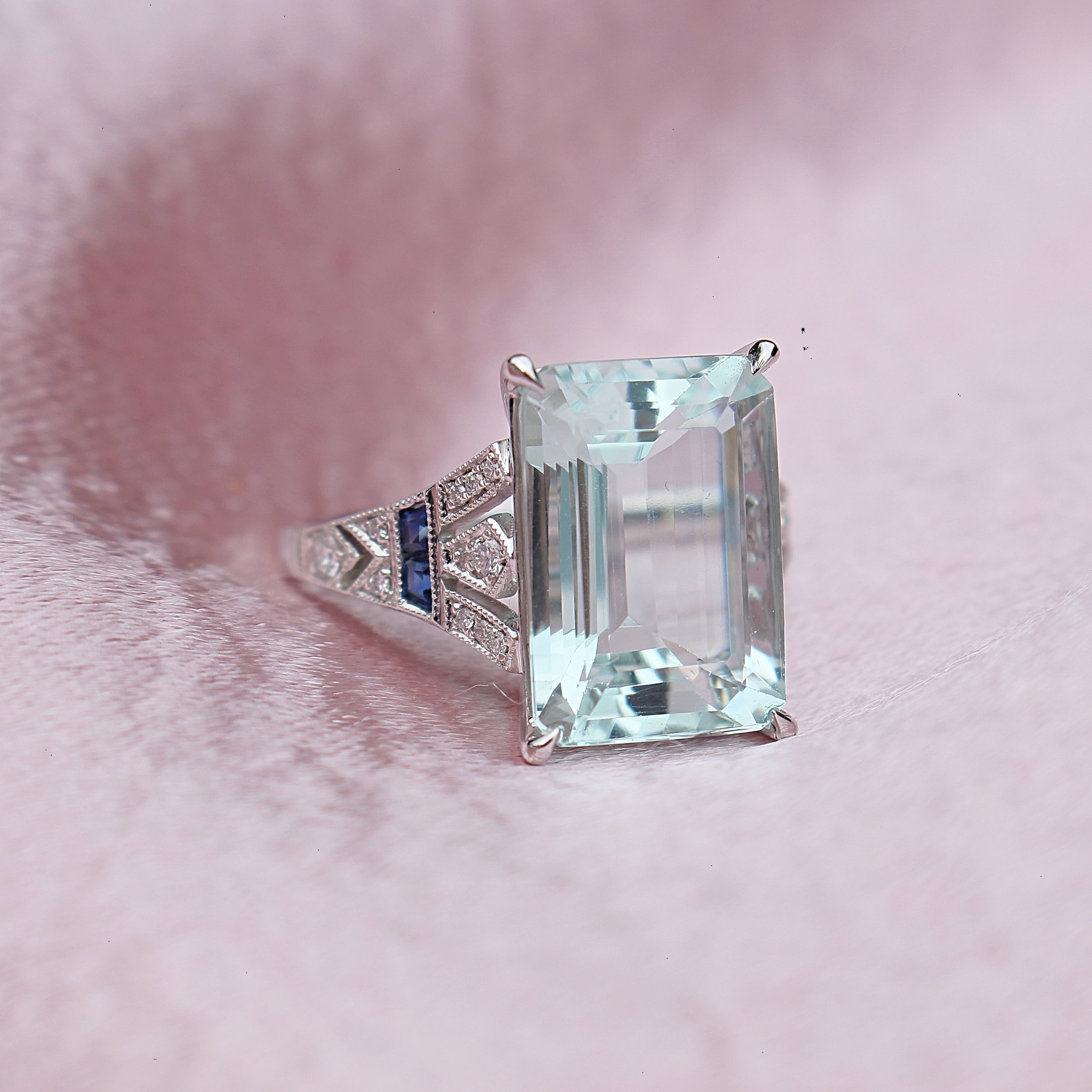 18ct White Gold Aquamarine, Sapphire and Diamond Ring
