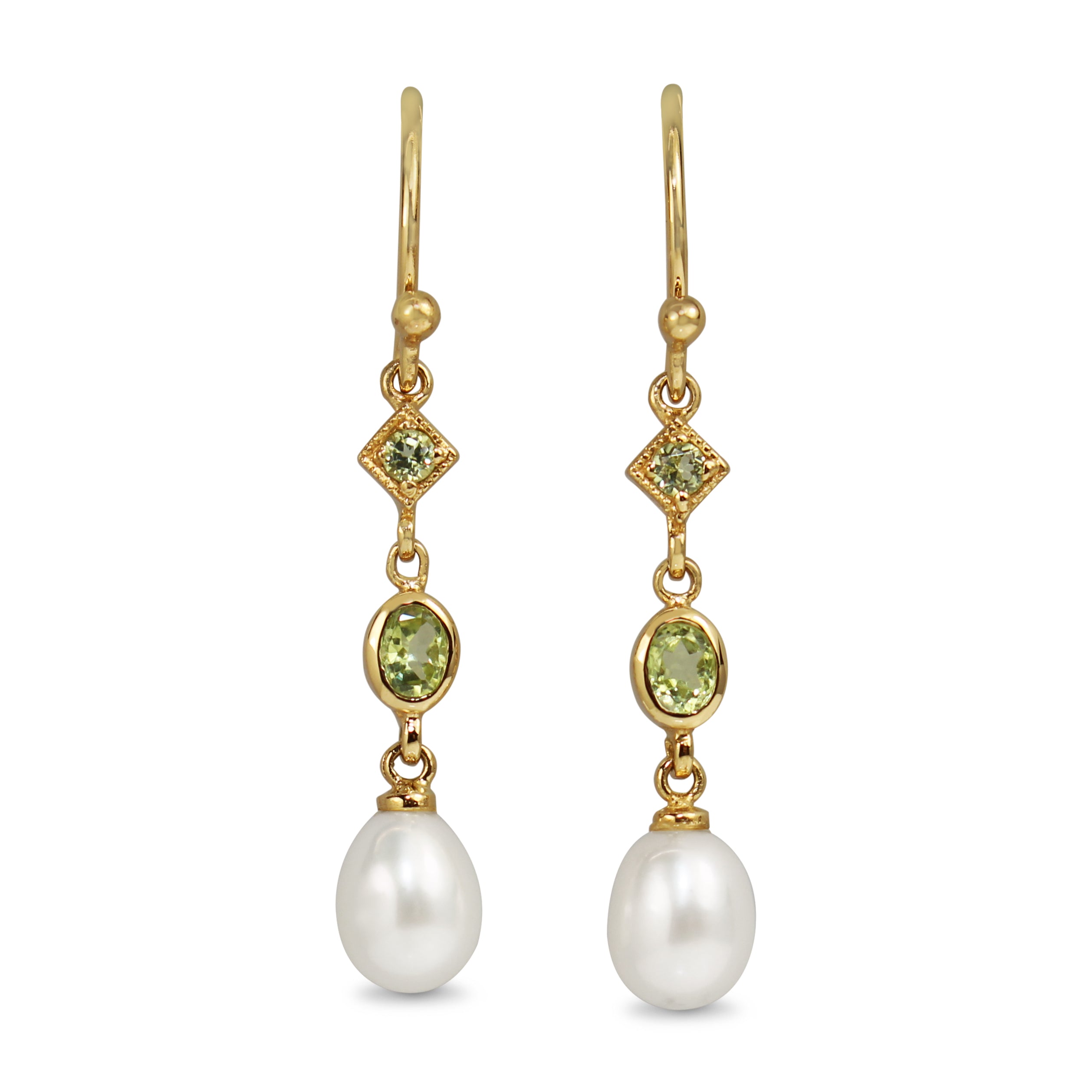 9ct Yellow Gold Peridot and Pearl Drop Earrings