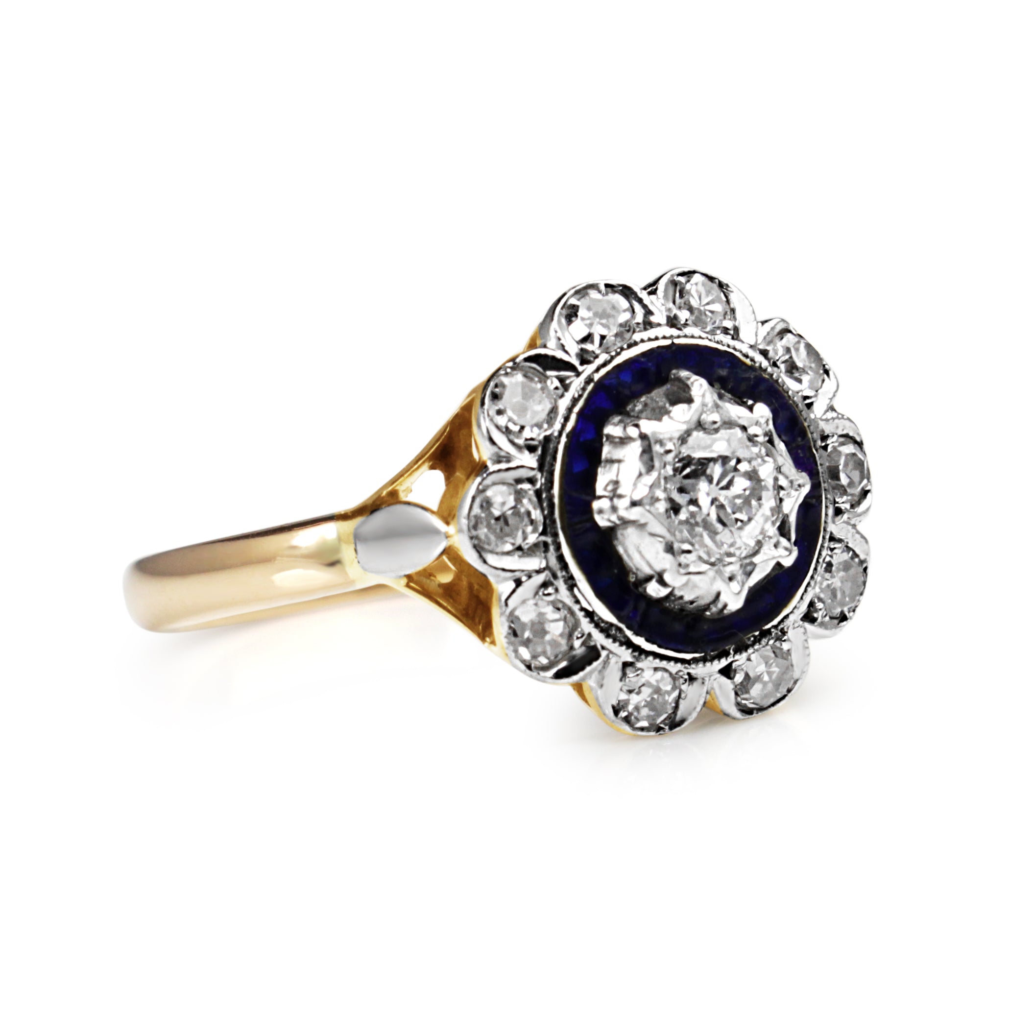 18ct Yellow and White Gold Deco Old Cut Diamond and Enamel Daisy Ring