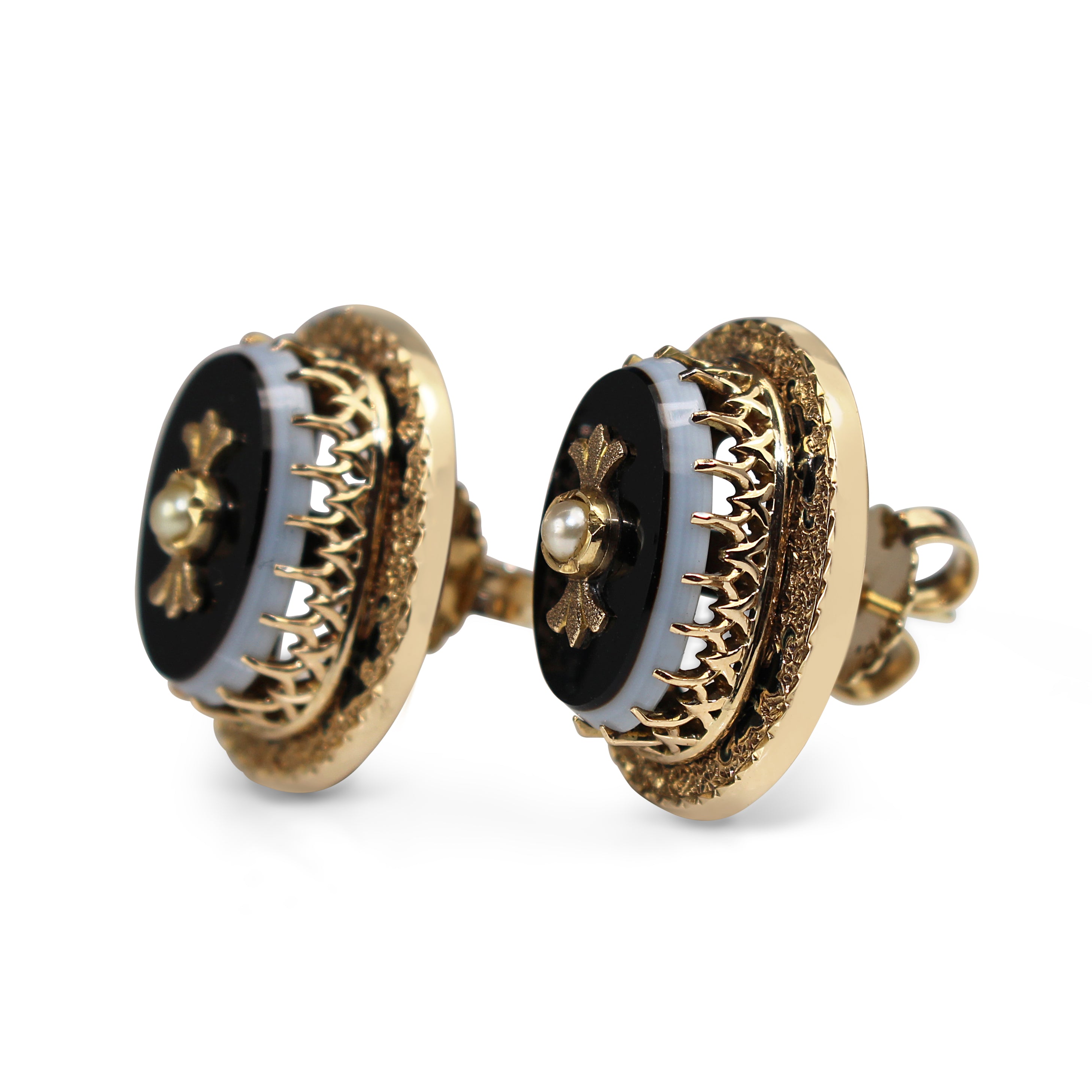 14ct Yellow Gold Antique Agate, Pearl and Enamel Victorian Earrings