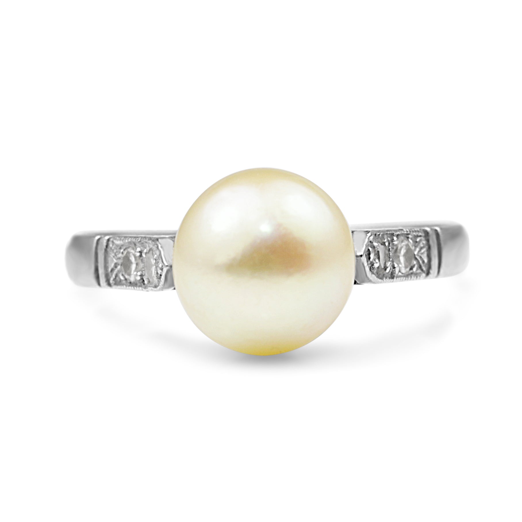 Platinum Cultured Pearl and Single Cut Diamond Ring