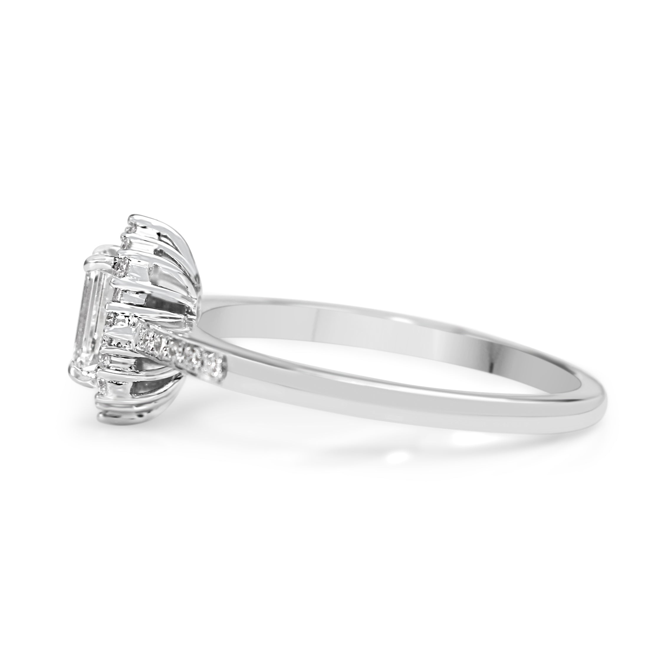 18ct White Gold Emerald Cut Diamond Halo Ring