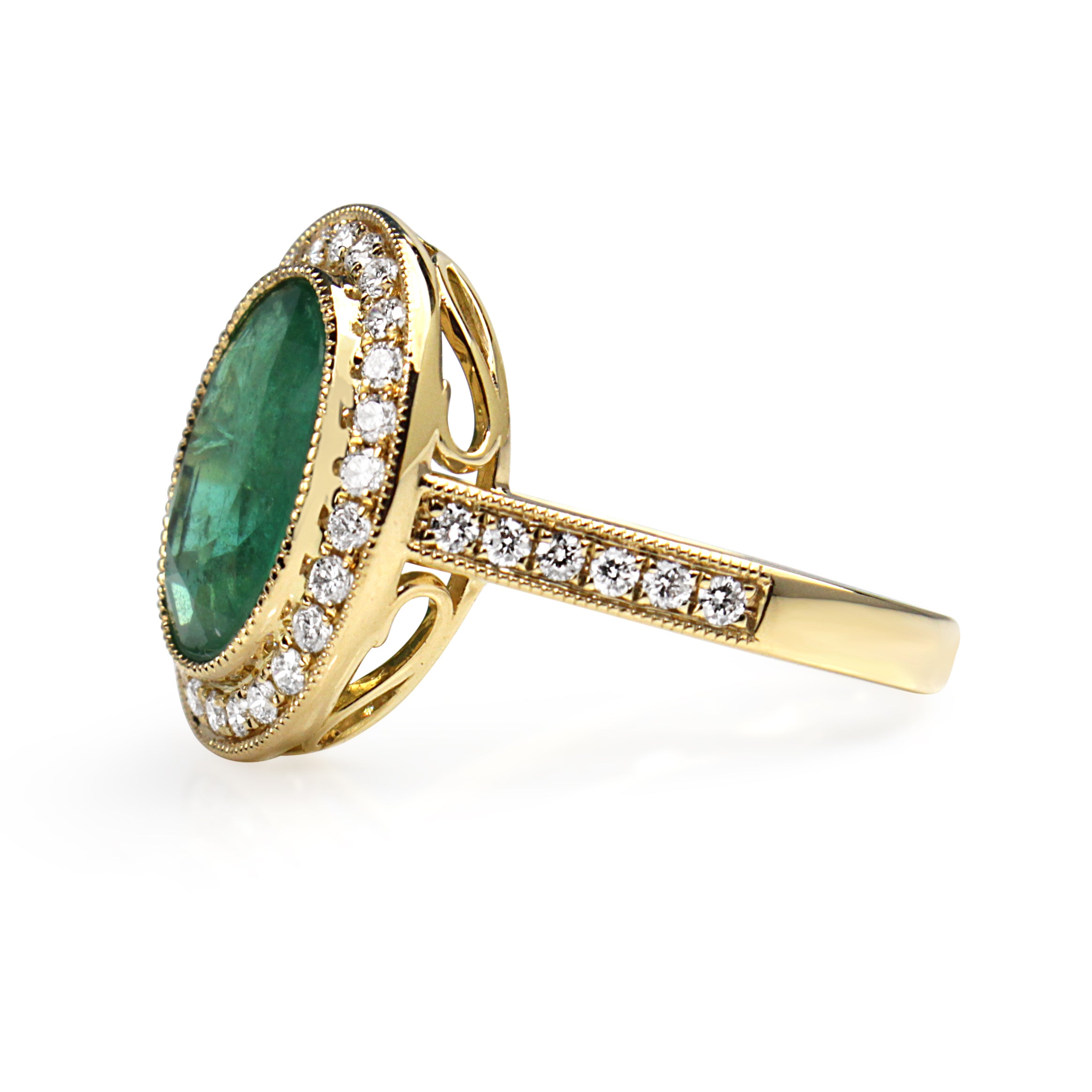 18ct Yellow Gold Emerald and Diamond Halo Ring
