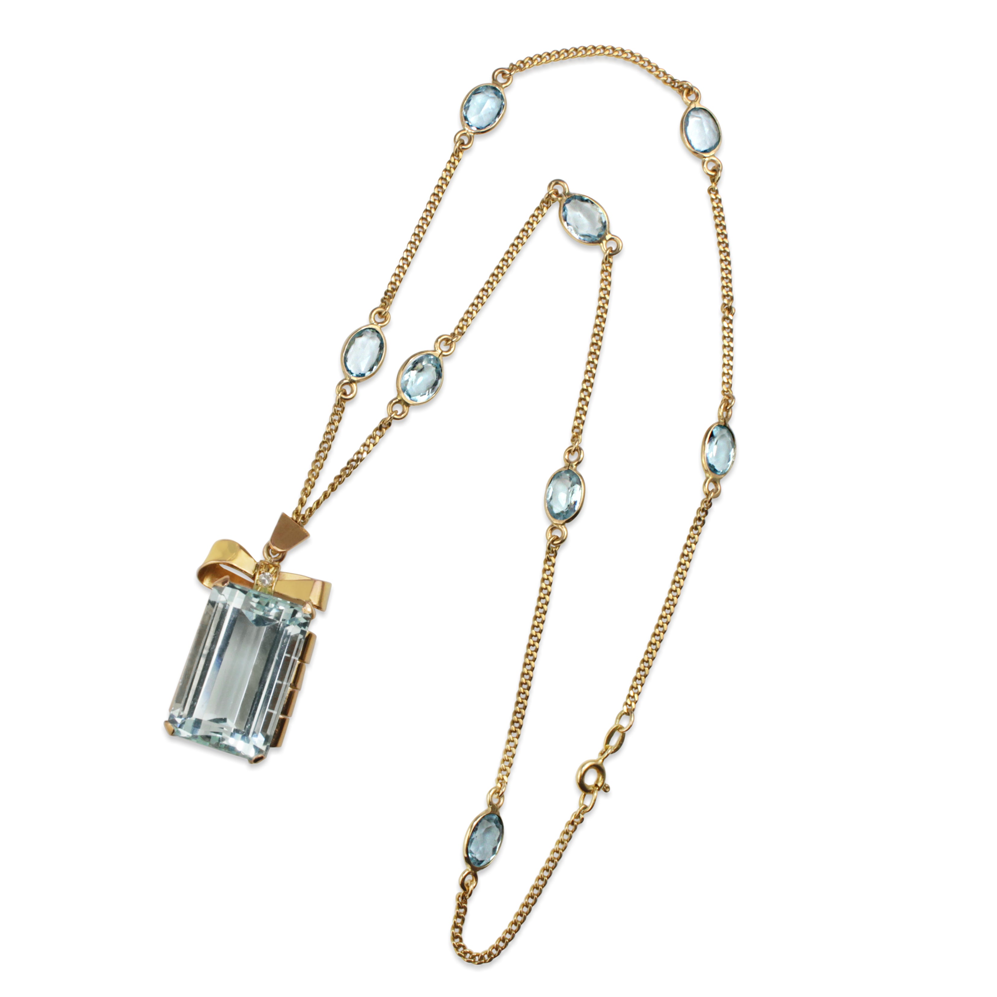 18ct Yellow Gold Vintage Aquamarine and Diamond Bow Pendant on Topaz Chain Necklace