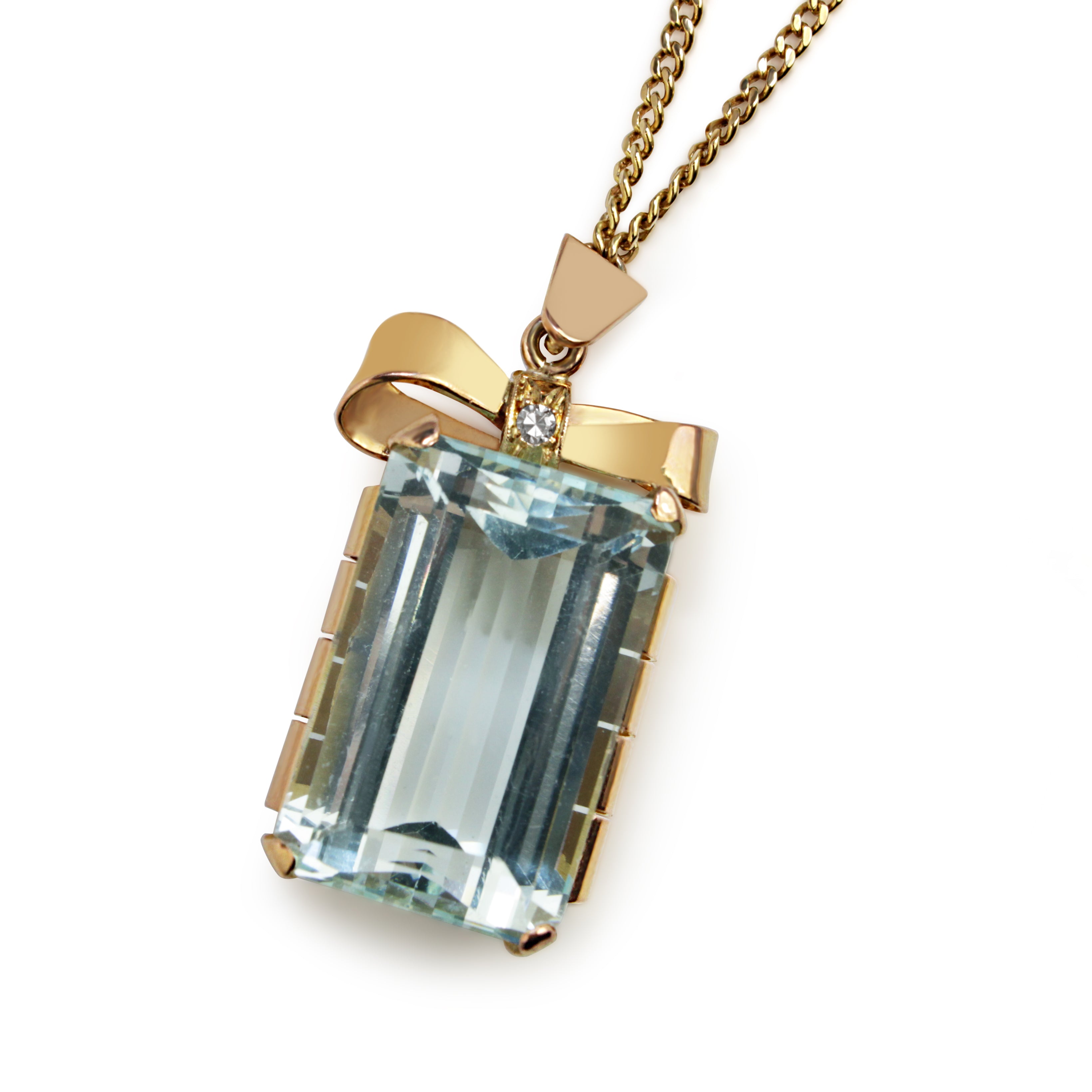 18ct Yellow Gold Vintage Aquamarine and Diamond Bow Pendant on Topaz Chain Necklace