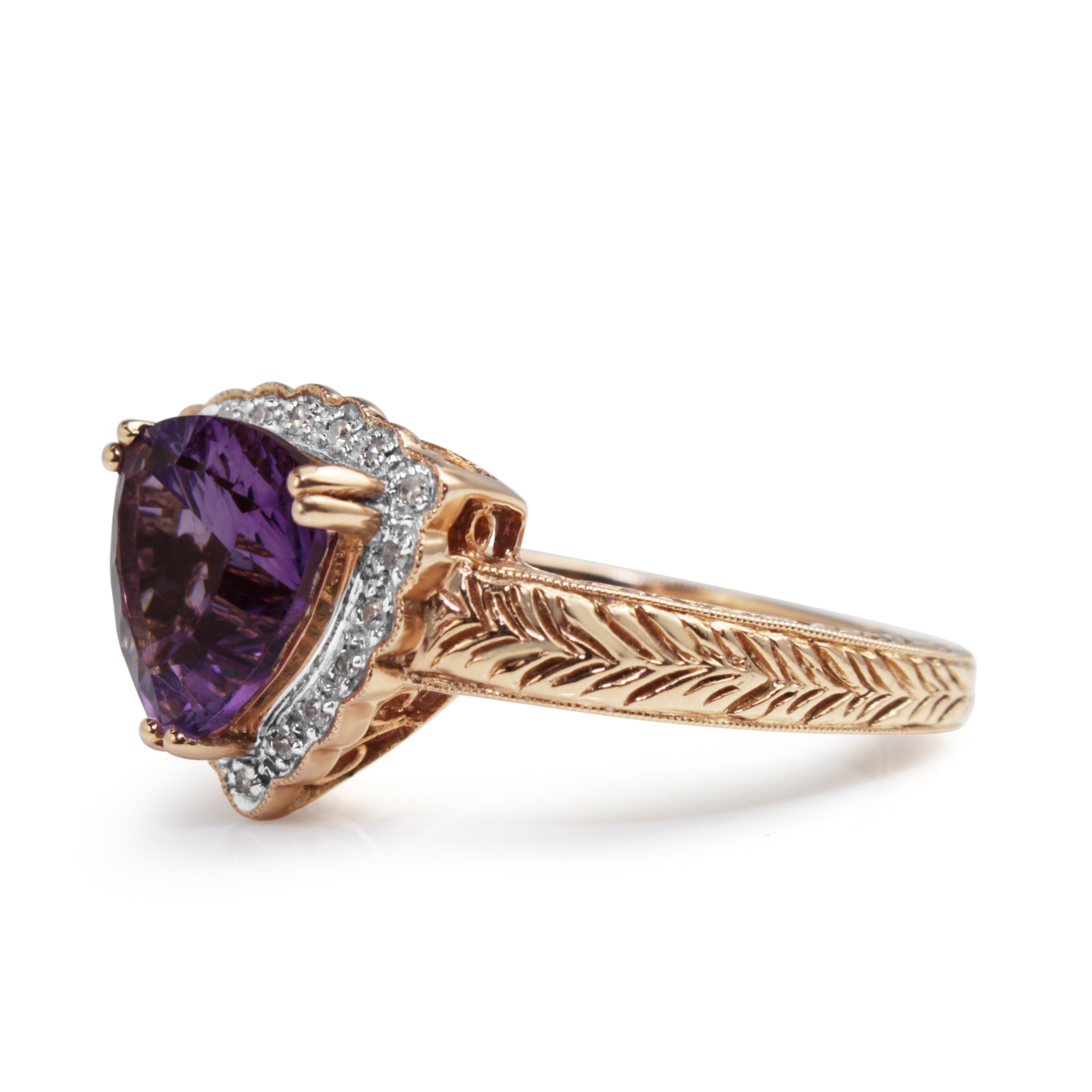 14ct Rose and White Gold Trillion Amethyst and Diamond Halo Ring with Etched Band