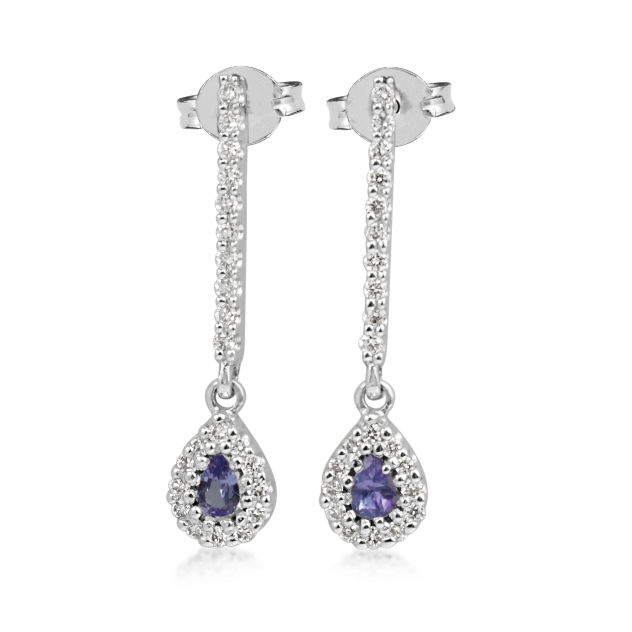 18ct white gold tanzanite and diamond drop earrings close up