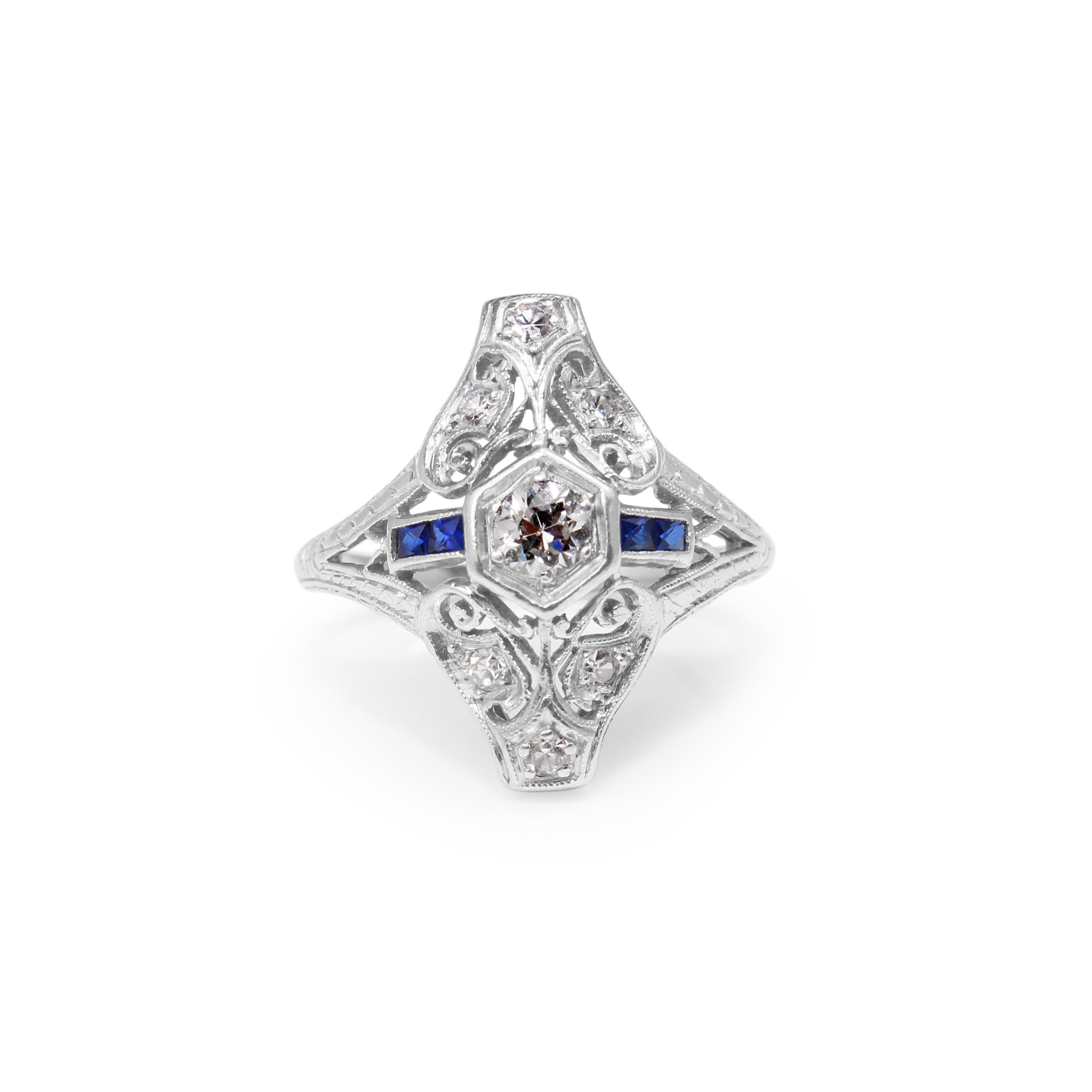 Platinum Art Deco Diamond & Sapphire Ring front view