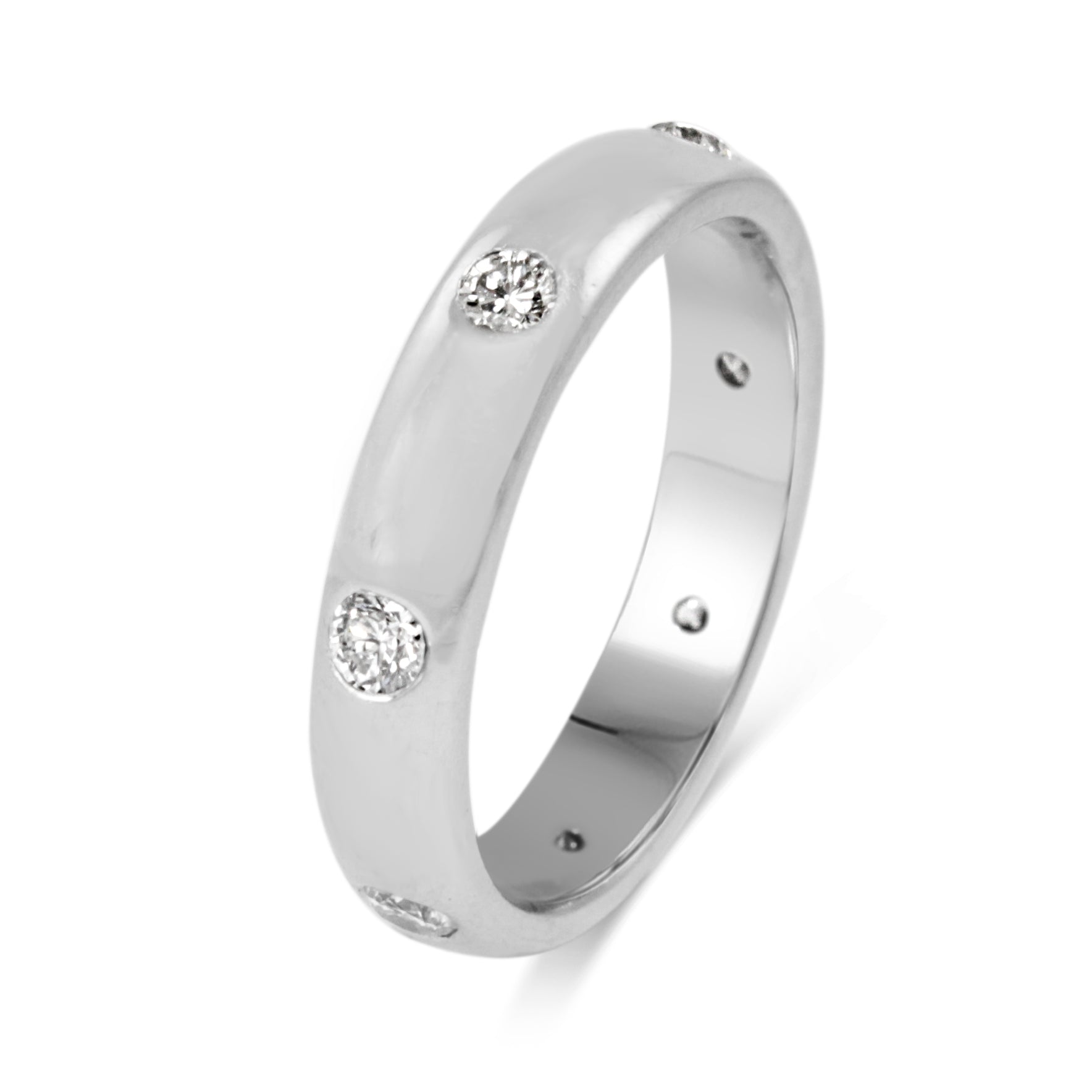 Side view of platinum diamond set wedding ring