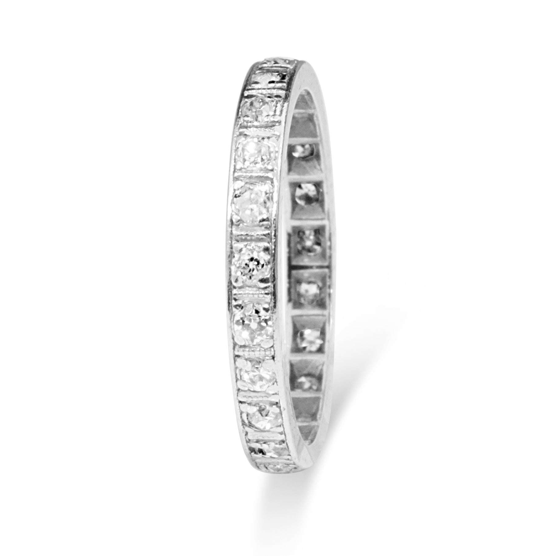 Inner profile of platinum single cut diamond band showing the all-round diamond settings